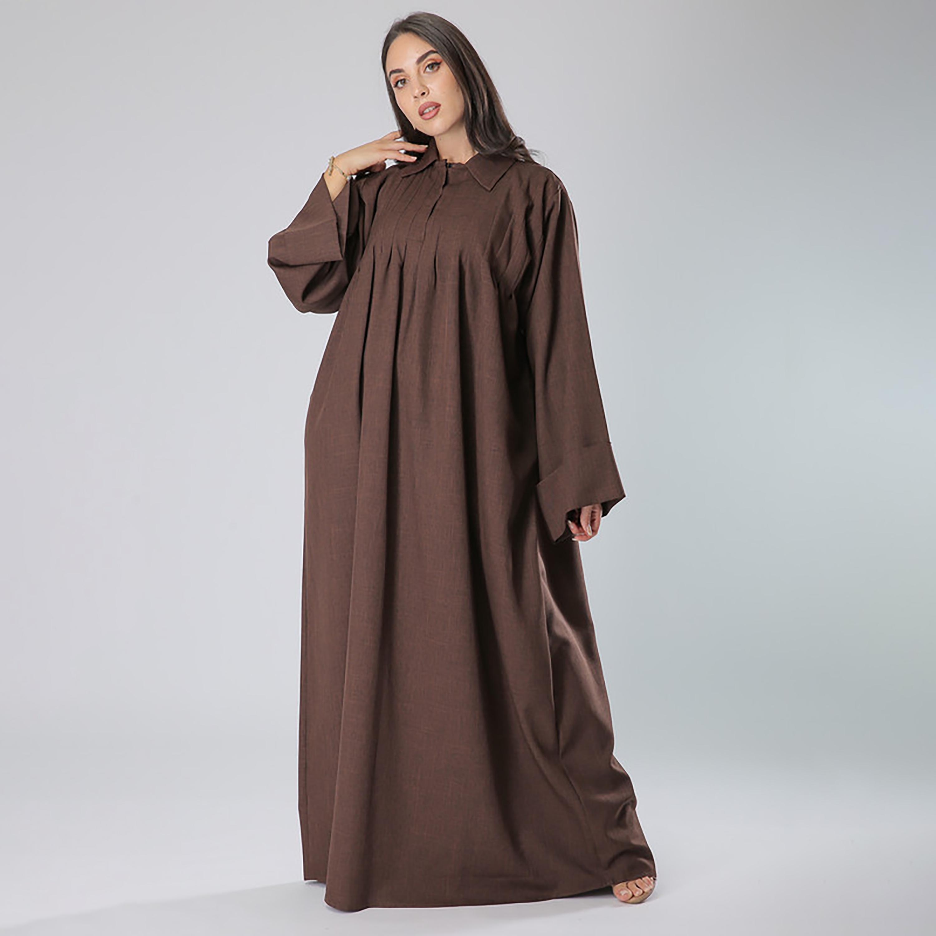 MOiSTREET Brown Pleated Collared Flared Sleeves Abaya with Sheila-women-arabicclothing-abayas-image-1