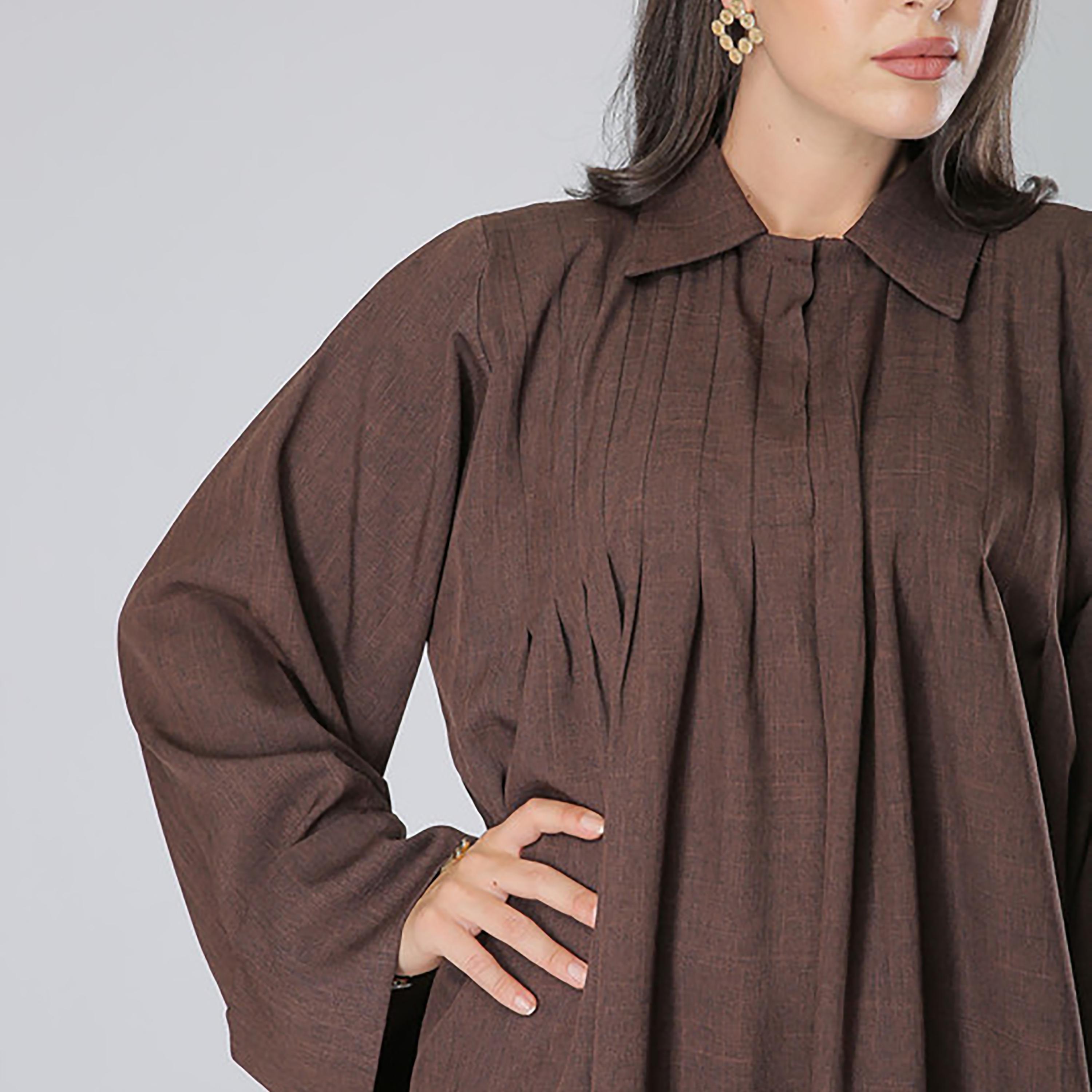 MOiSTREET Brown Pleated Collared Flared Sleeves Abaya with Sheila-women-arabicclothing-abayas-image-2