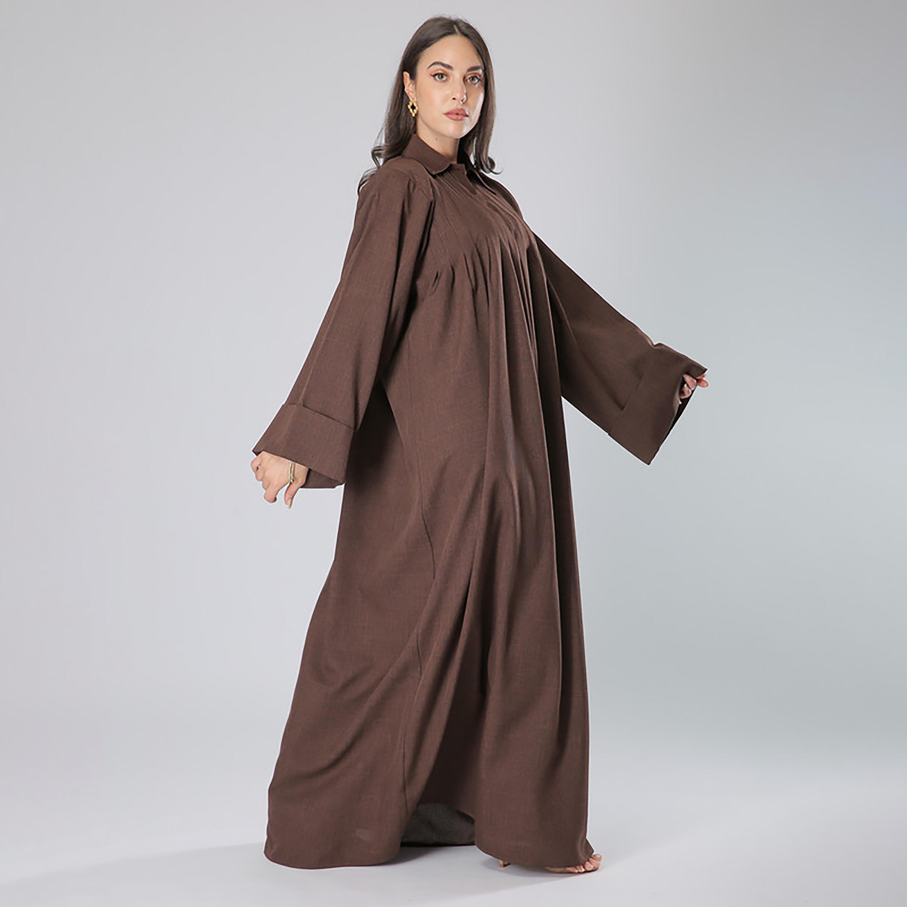 MOiSTREET Brown Pleated Collared Flared Sleeves Abaya with Sheila-women-arabicclothing-abayas-image-3