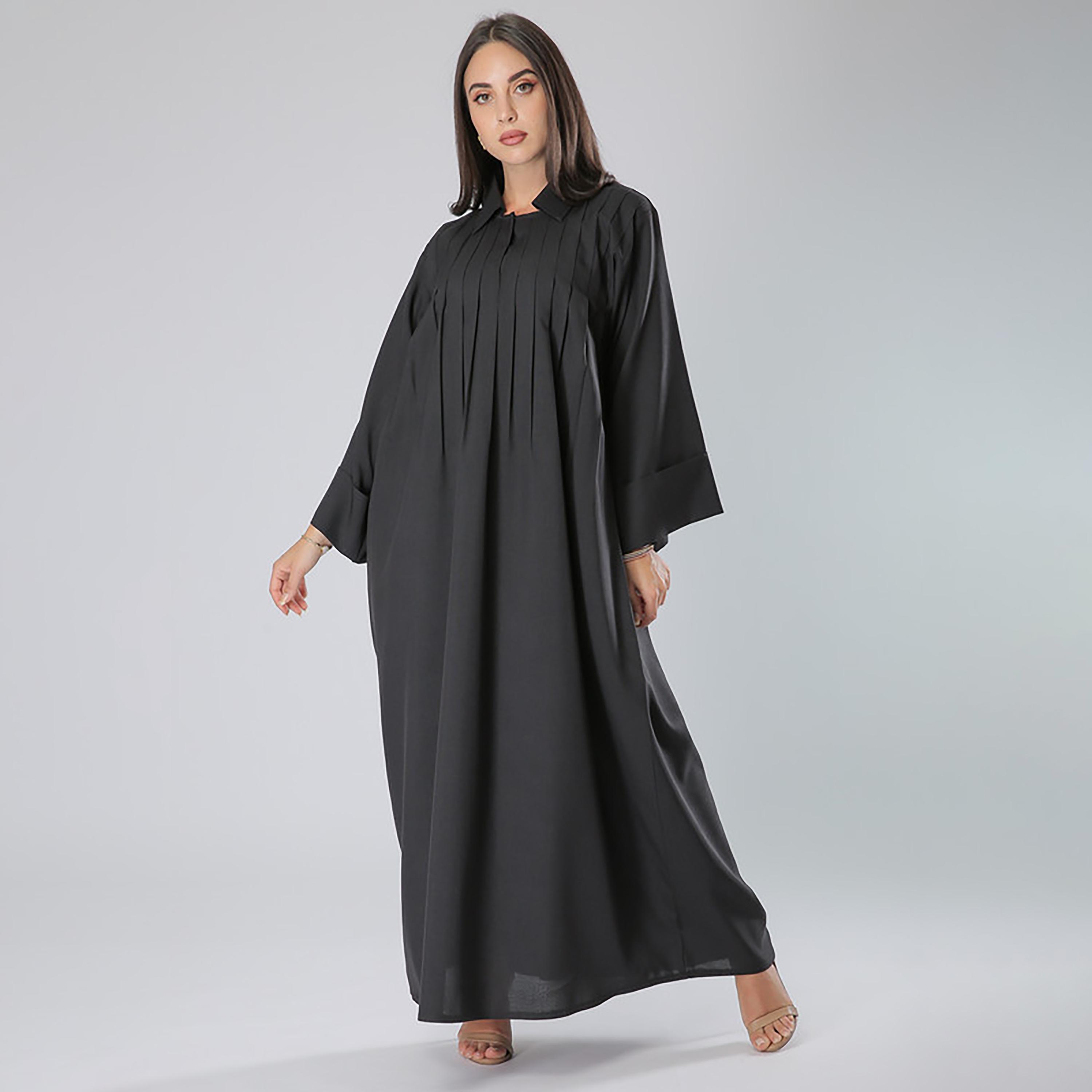 MOiSTREET Black Pleated Collared Abaya with Sheila-women-arabicclothing-abayas-image-1