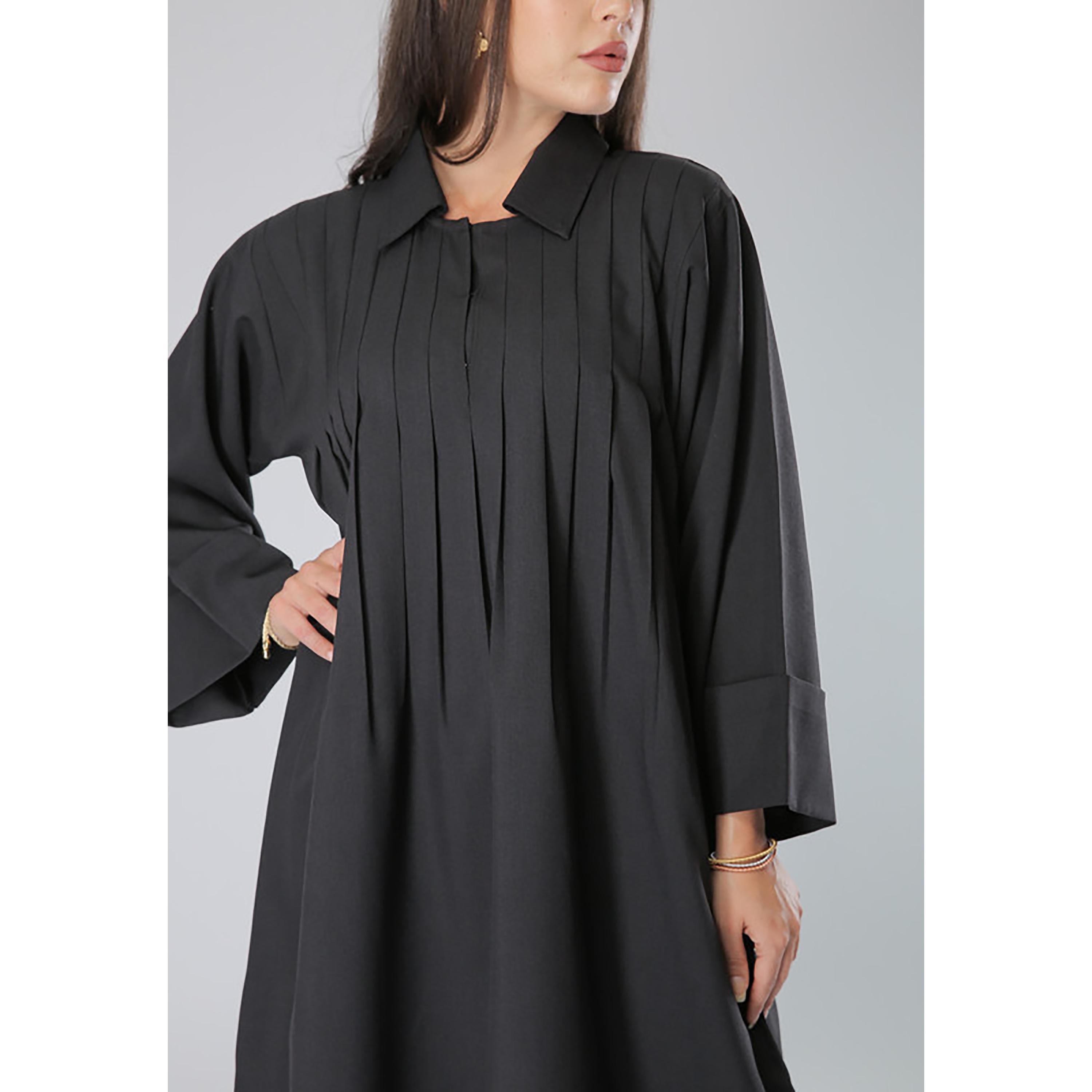 MOiSTREET Black Pleated Collared Abaya with Sheila-women-arabicclothing-abayas-image-2