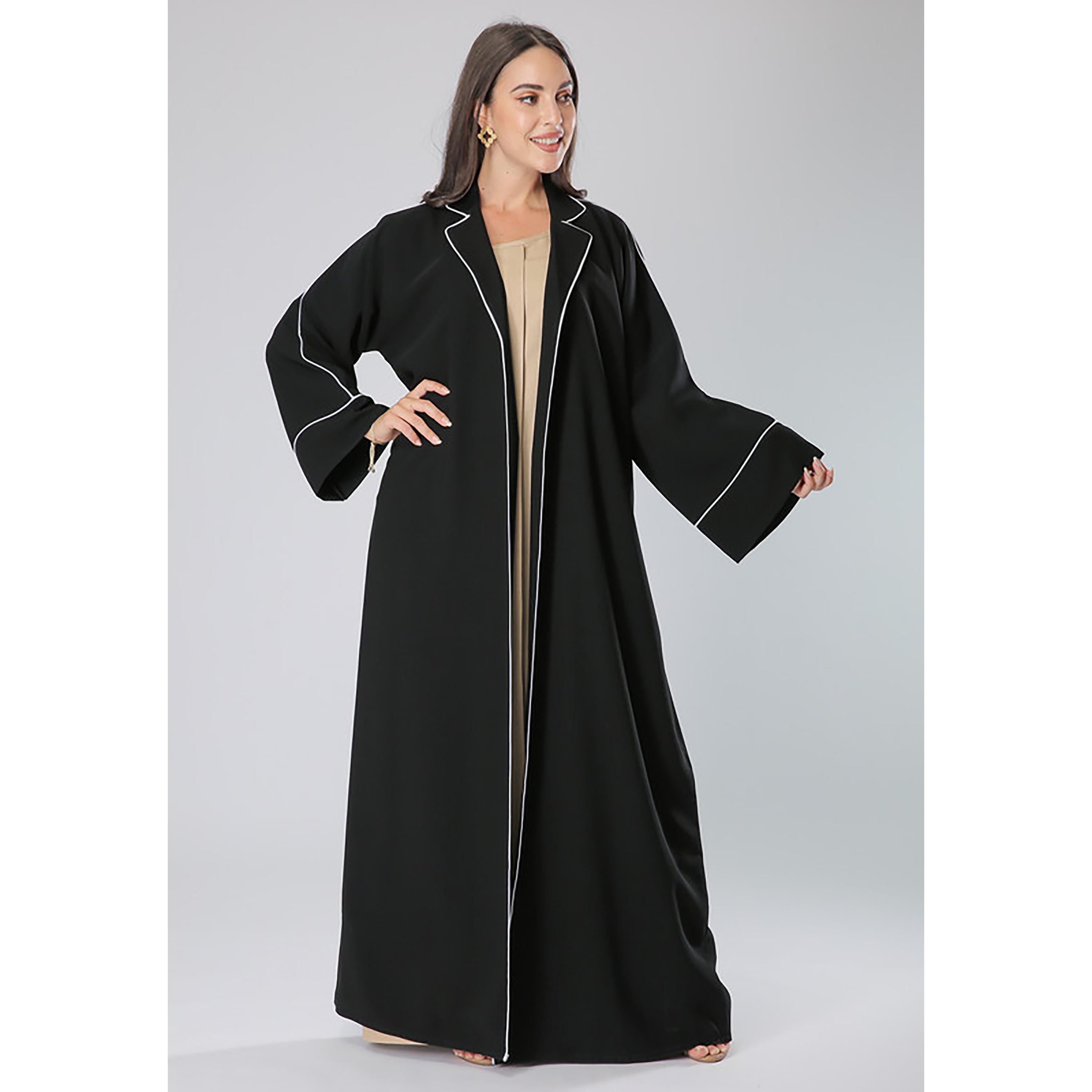 MOiSTREET Black Contrast Piping Detailed Crepe Coat Style Abaya with Sheila-women-arabicclothing-abayas-image-1