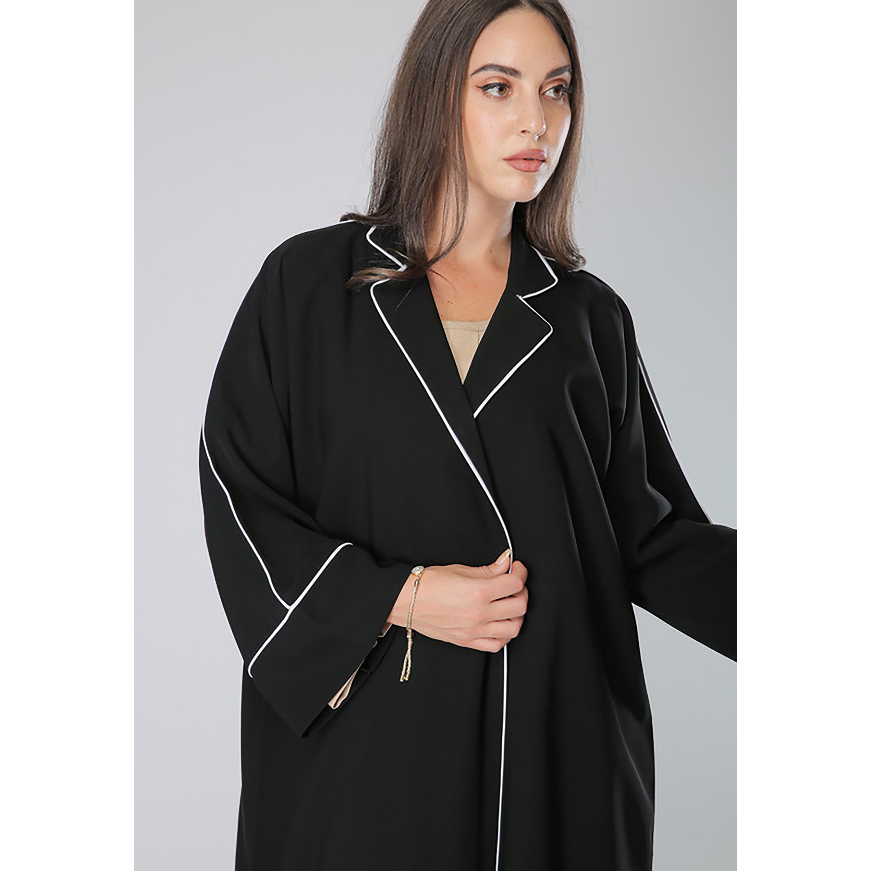 MOiSTREET Black Contrast Piping Detailed Crepe Coat Style Abaya with Sheila-women-arabicclothing-abayas-image-2