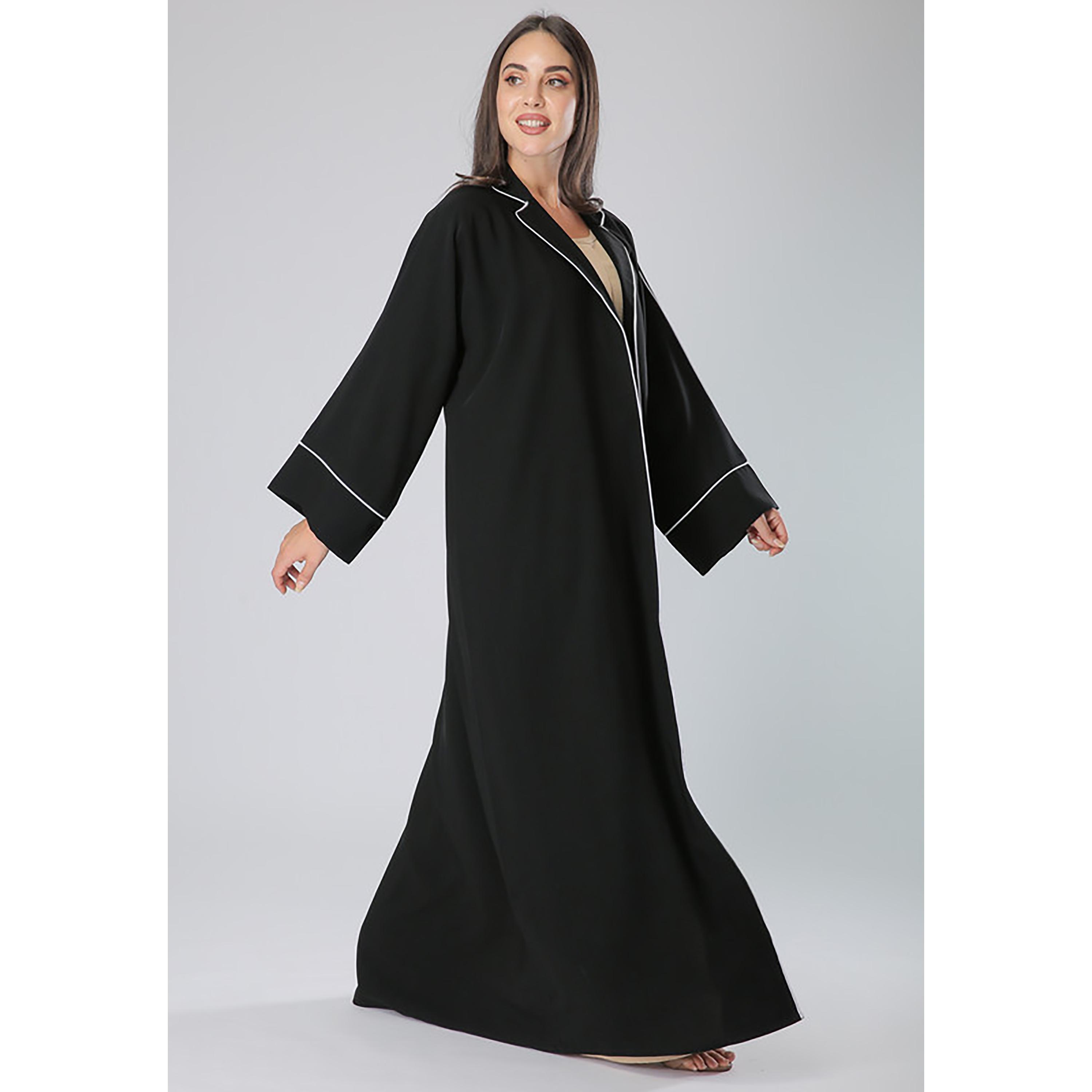 MOiSTREET Black Contrast Piping Detailed Crepe Coat Style Abaya with Sheila-women-arabicclothing-abayas-image-3