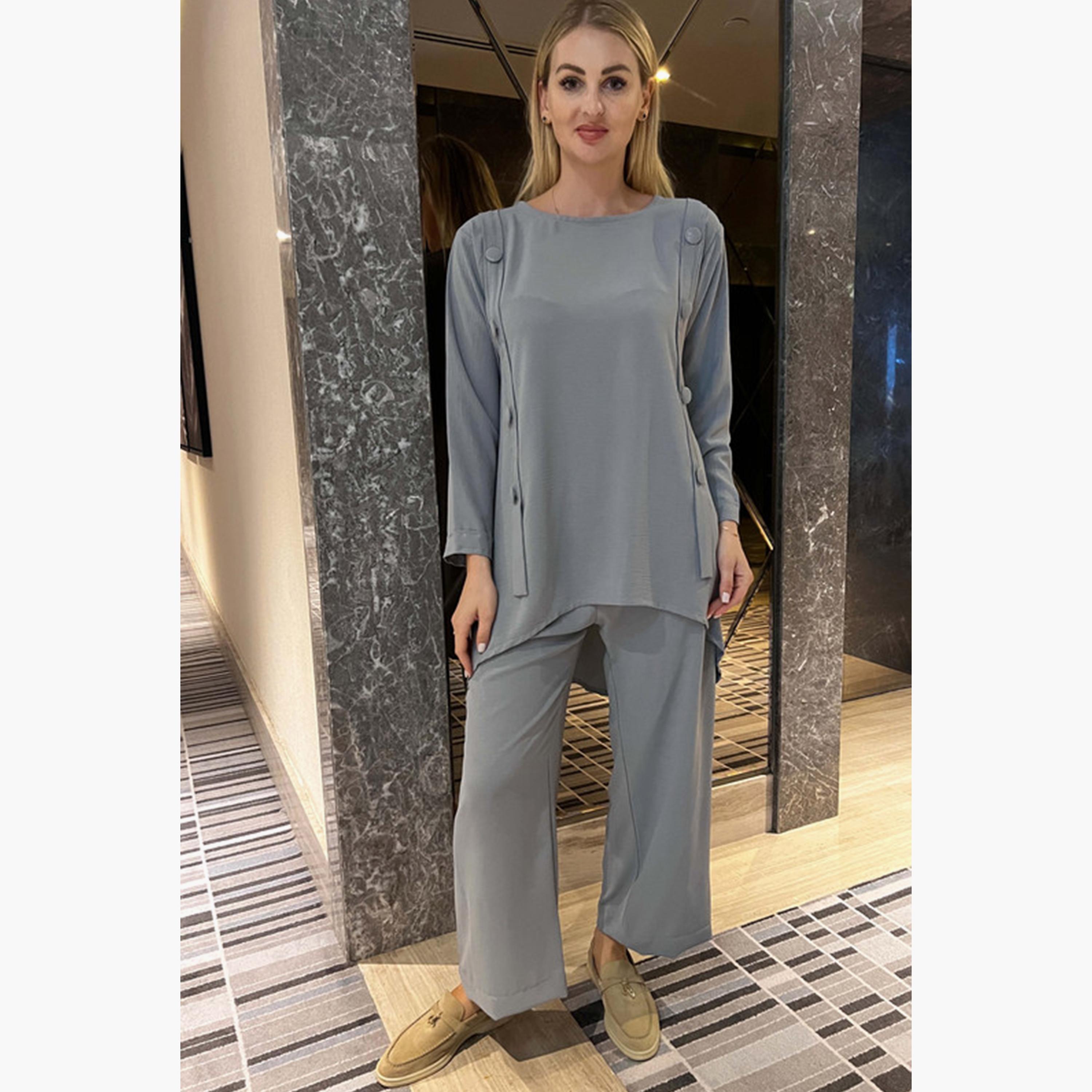 MOiSTREET 2-Piece Set Grey Button Detailed Cey Fabric Top and Pants-women-arabicclothing-abayainner-image-1