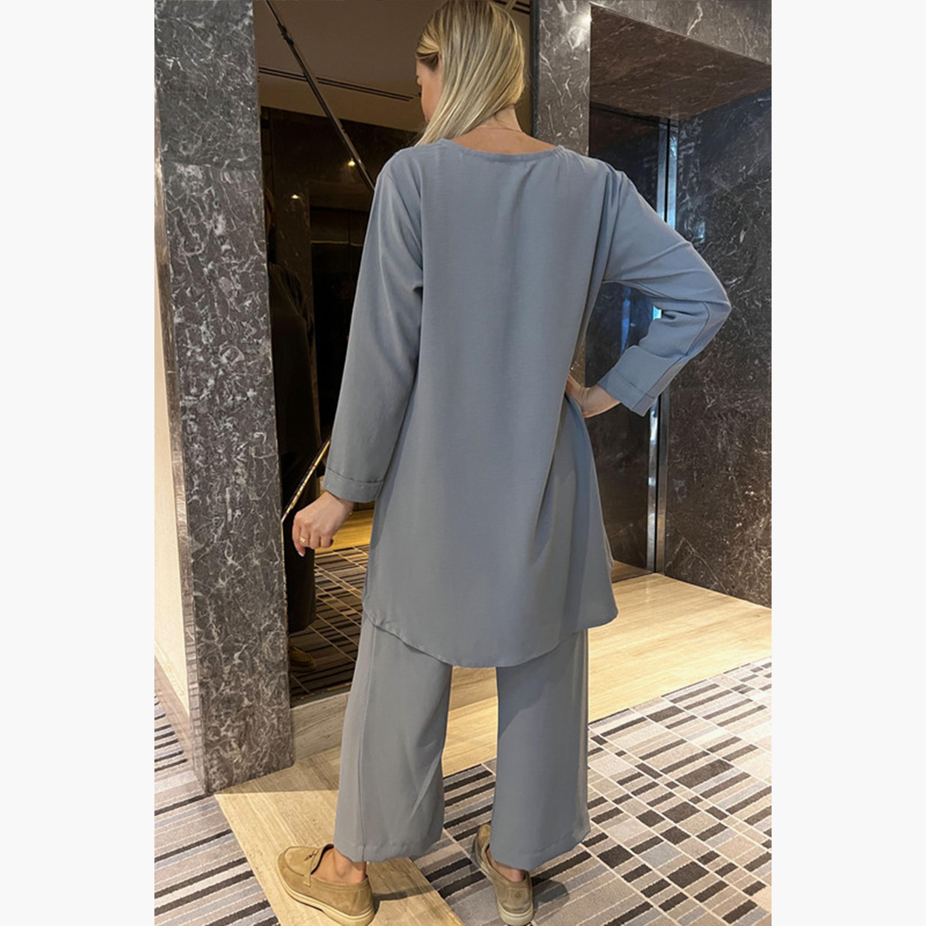 MOiSTREET 2-Piece Set Grey Button Detailed Cey Fabric Top and Pants-women-arabicclothing-abayainner-image-3