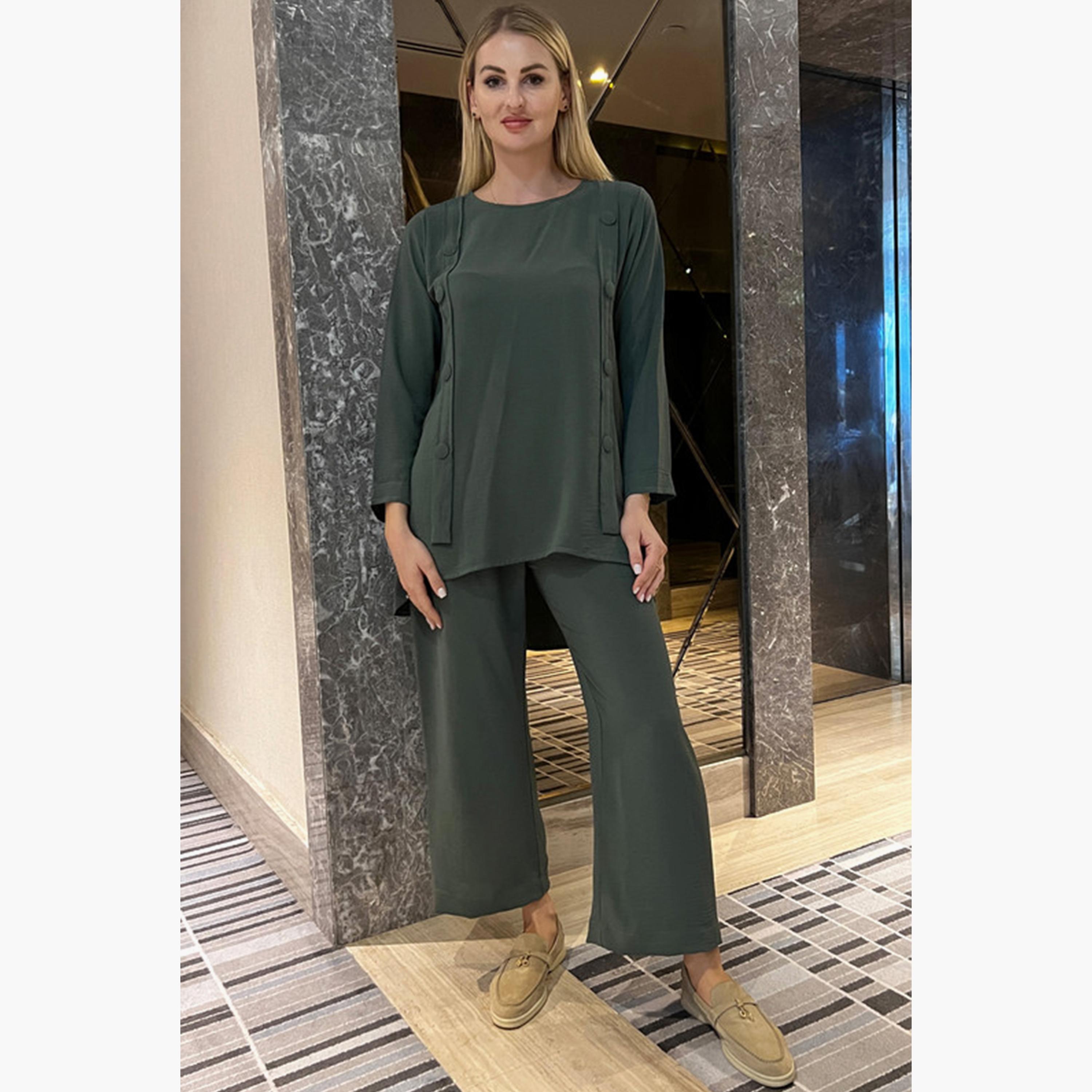 MOiSTREET 2-Piece Set Green Button Detailed Cey Fabric Top and Pants-women-arabicclothing-abayainner-image-1