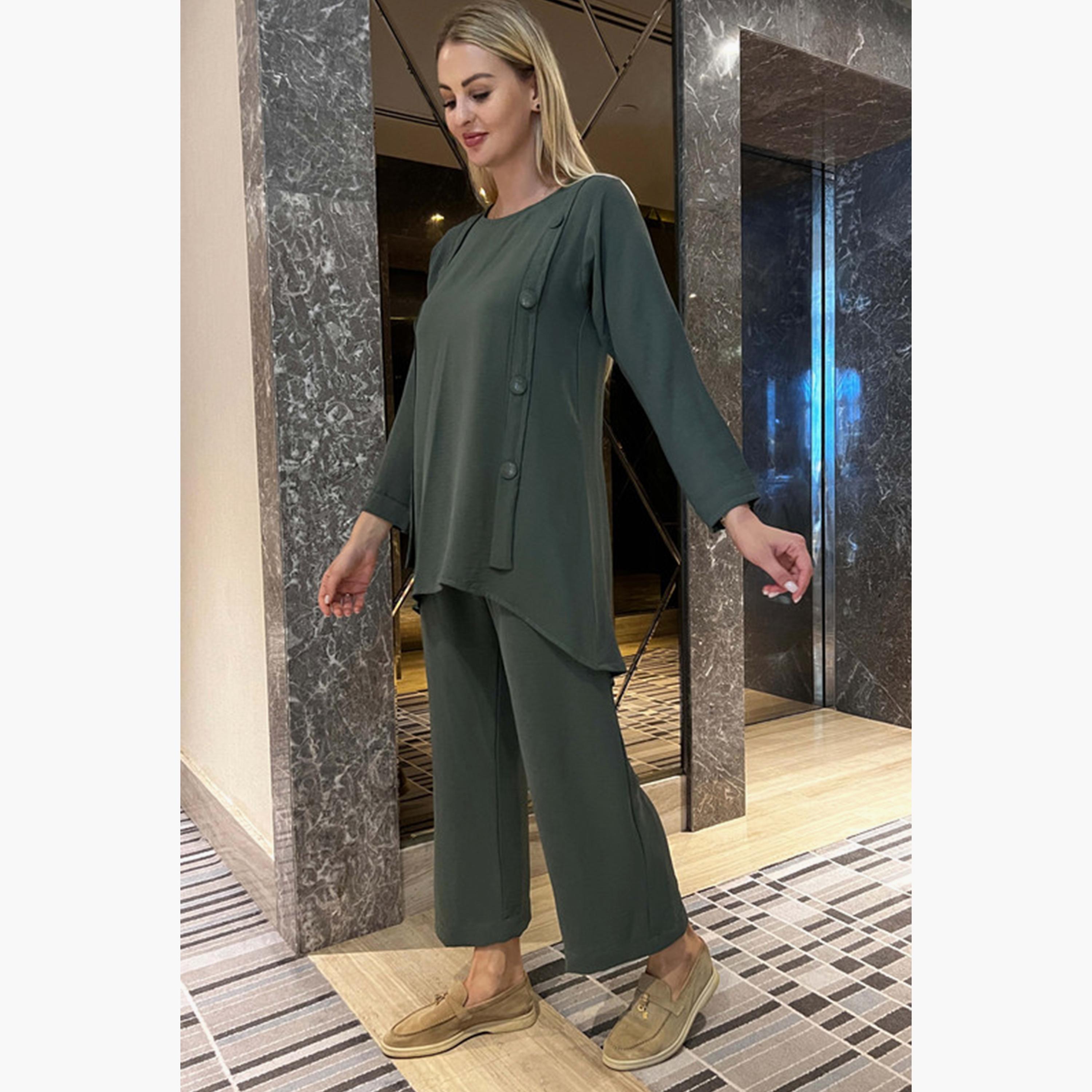 MOiSTREET 2-Piece Set Green Button Detailed Cey Fabric Top and Pants-women-arabicclothing-abayainner-image-4