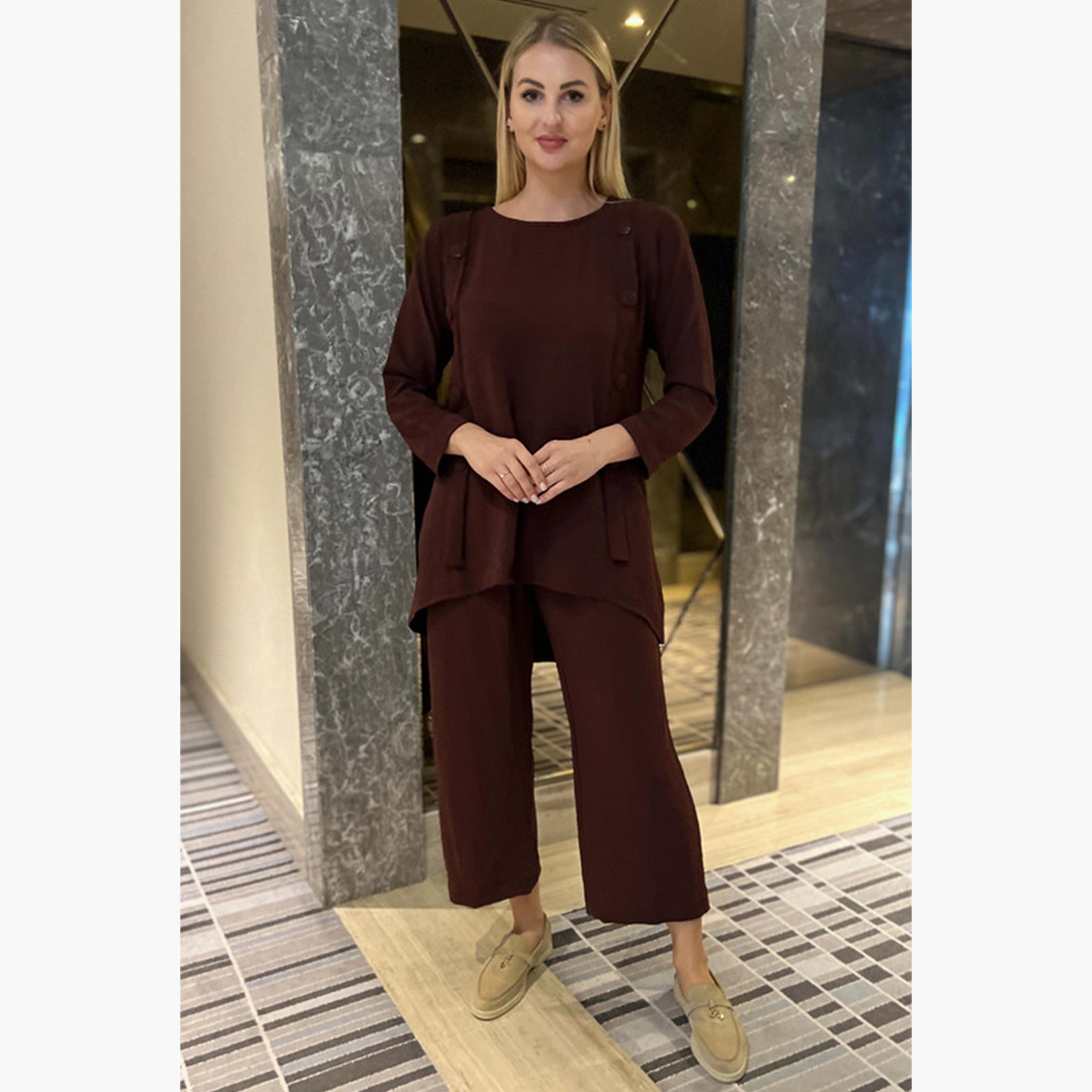 MOiSTREET 2-Piece Set Brown Button Detailed Cey Fabric Top and Pants-women-arabicclothing-abayainner-image-1
