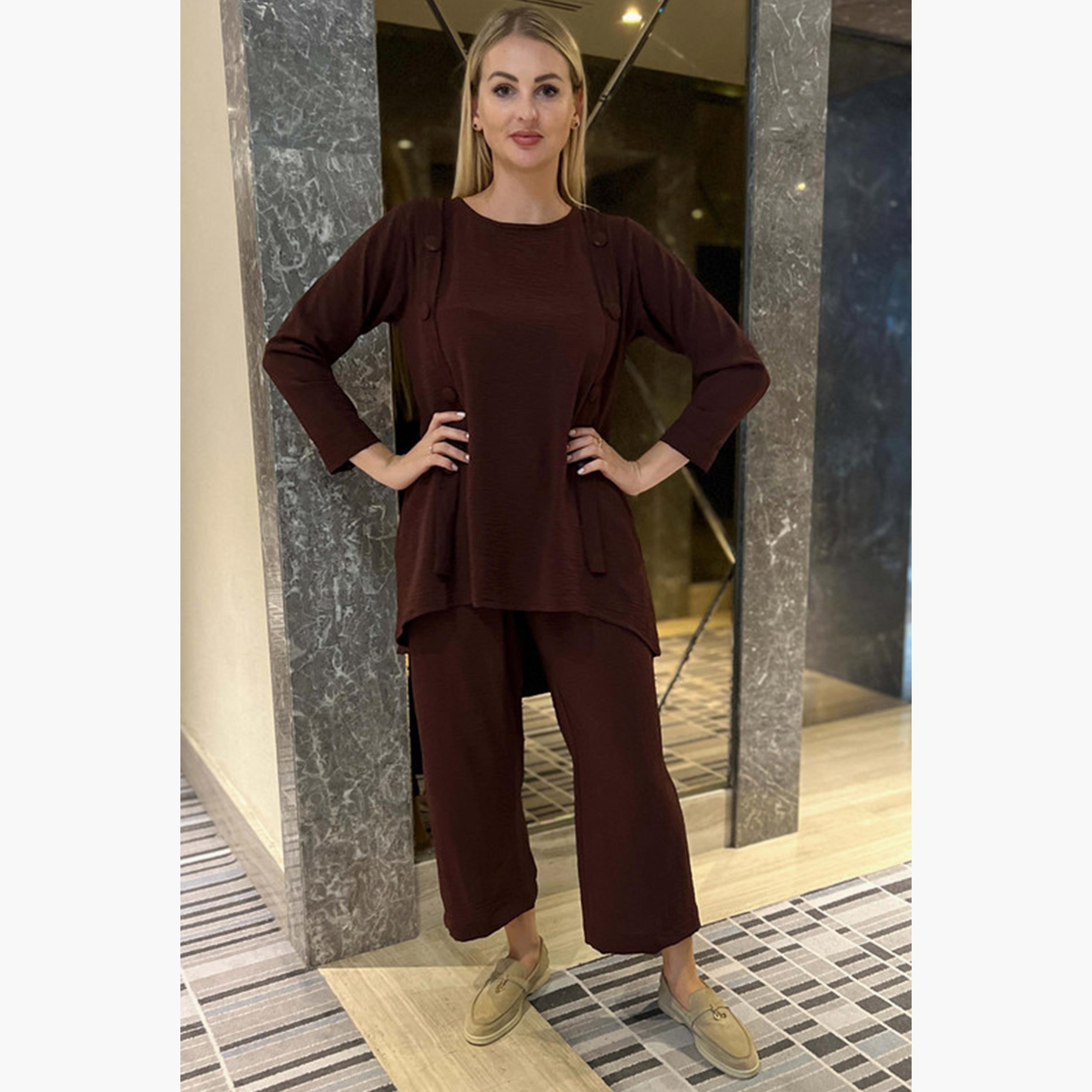 MOiSTREET 2-Piece Set Brown Button Detailed Cey Fabric Top and Pants-women-arabicclothing-abayainner-image-2