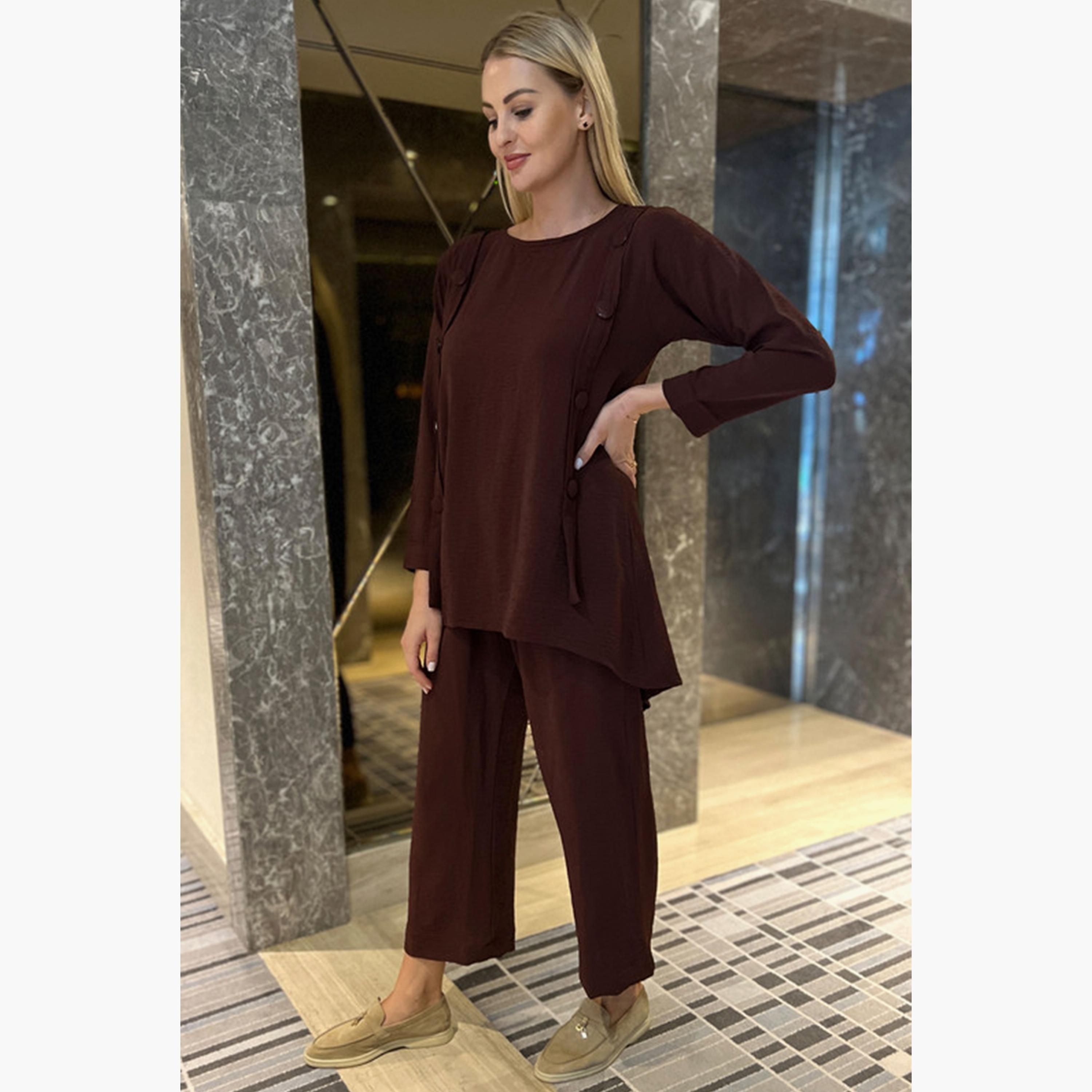 MOiSTREET 2-Piece Set Brown Button Detailed Cey Fabric Top and Pants-women-arabicclothing-abayainner-image-3