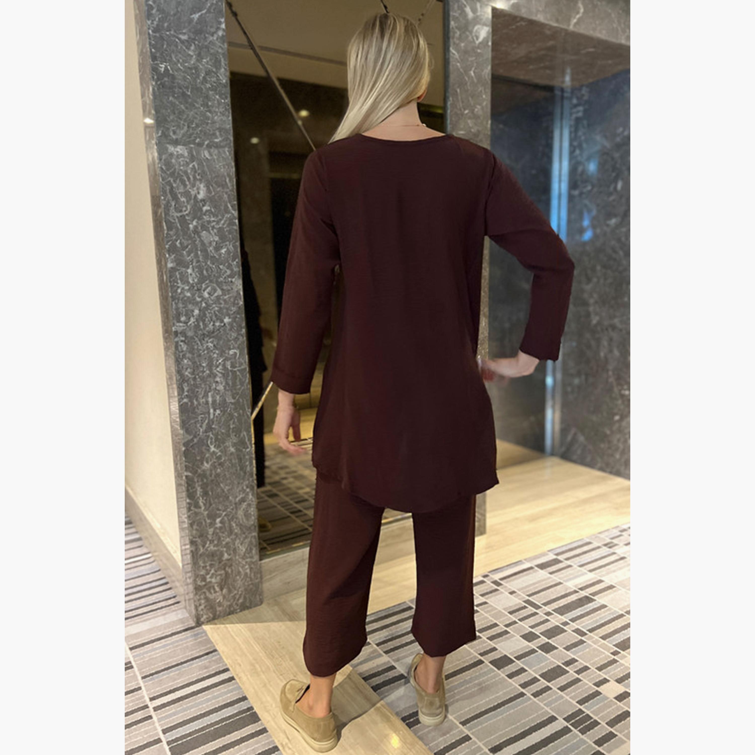 MOiSTREET 2-Piece Set Brown Button Detailed Cey Fabric Top and Pants-women-arabicclothing-abayainner-image-4