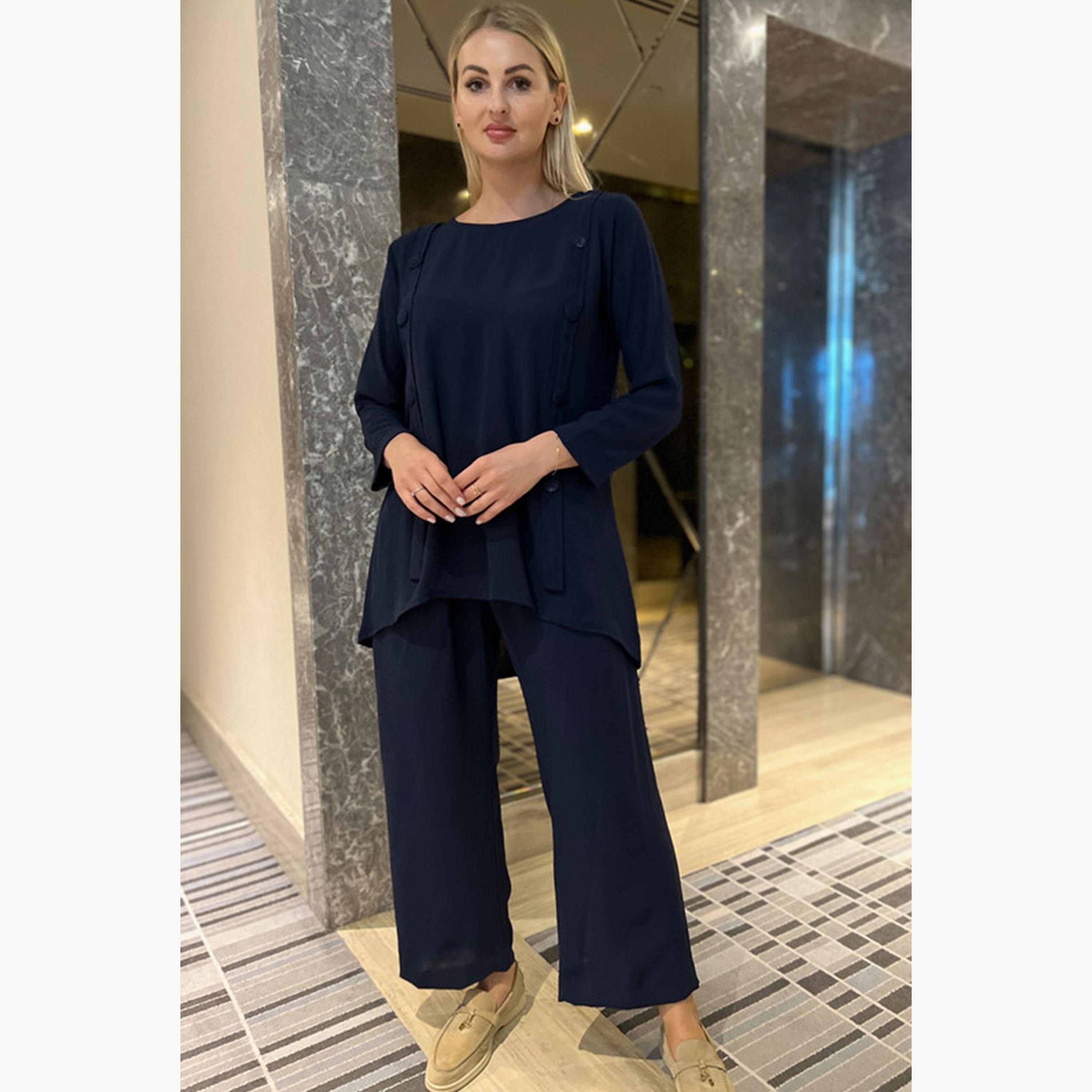 MOiSTREET 2-Piece Set Blue Button Detailed Cey Fabric Top and Pants-women-arabicclothing-abayainner-image-1