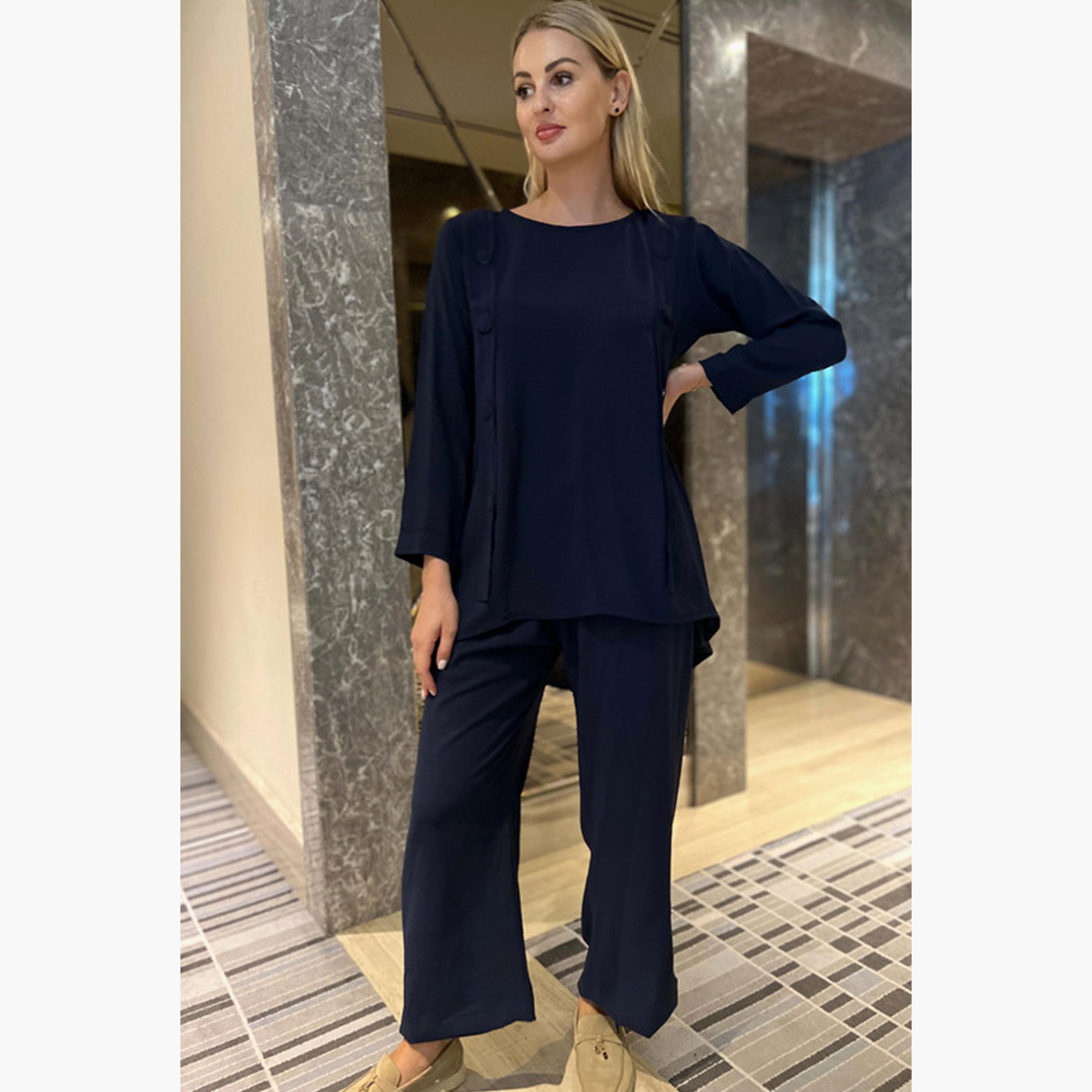 MOiSTREET 2-Piece Set Blue Button Detailed Cey Fabric Top and Pants-women-arabicclothing-abayainner-image-2
