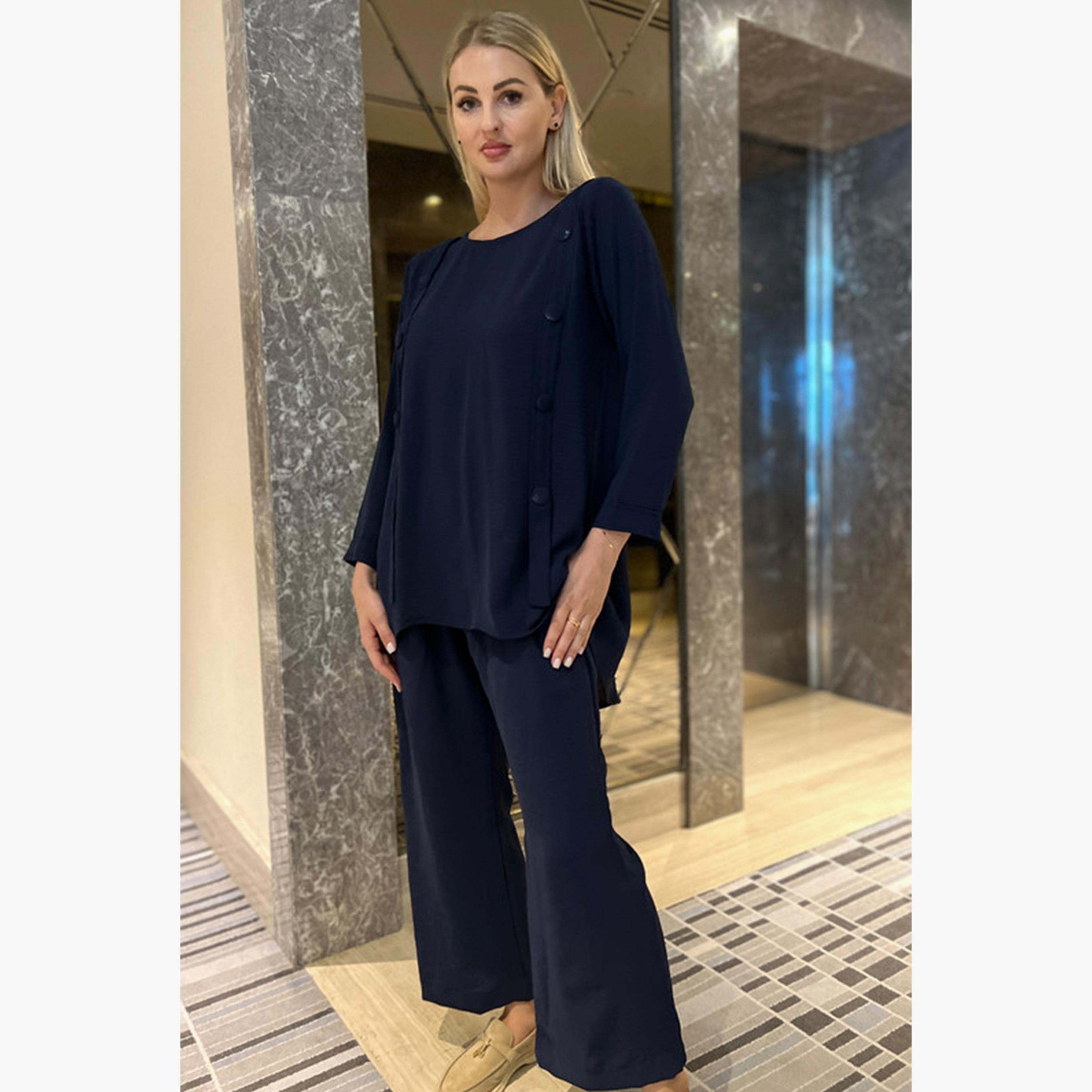 MOiSTREET 2-Piece Set Blue Button Detailed Cey Fabric Top and Pants-women-arabicclothing-abayainner-image-3