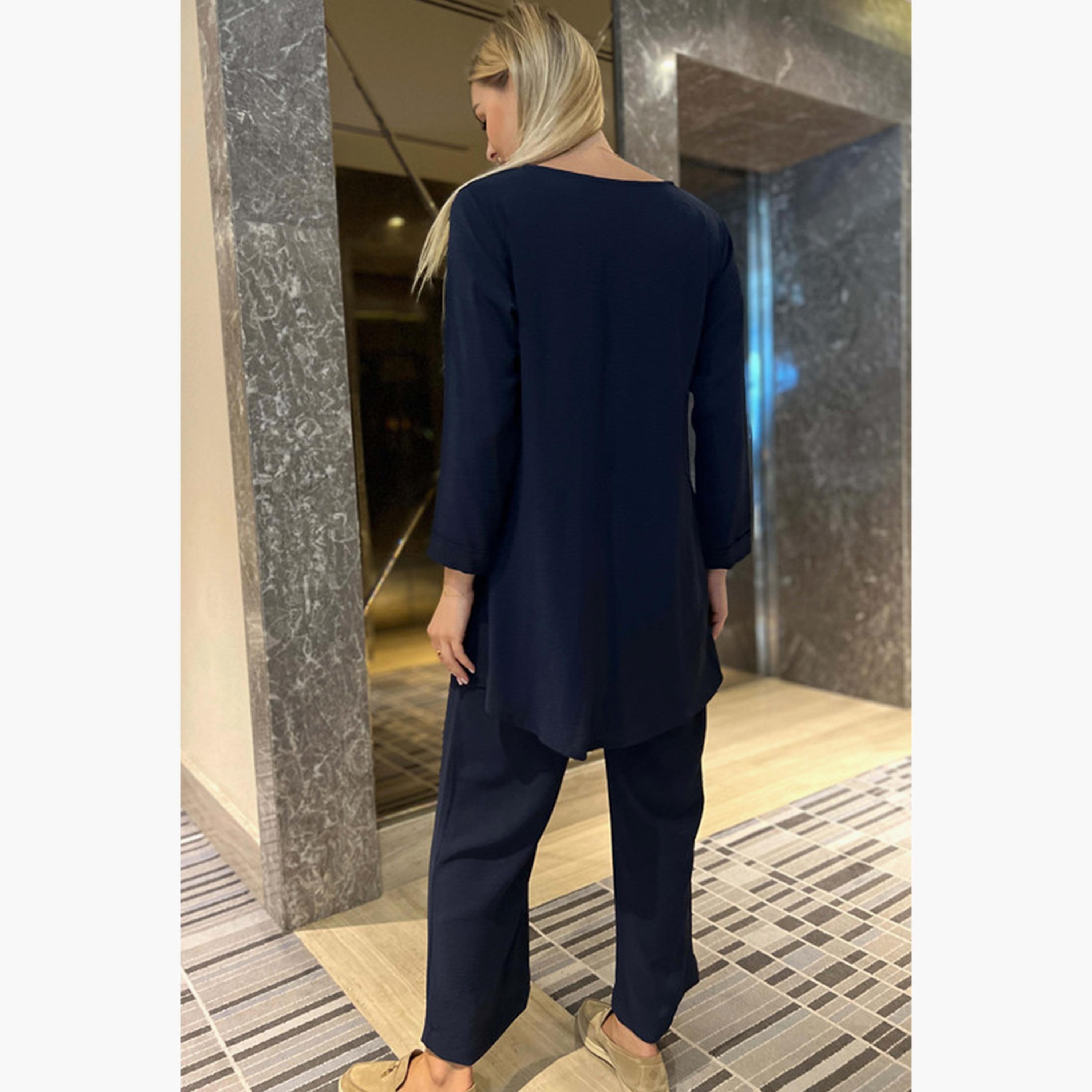 MOiSTREET 2-Piece Set Blue Button Detailed Cey Fabric Top and Pants-women-arabicclothing-abayainner-image-4