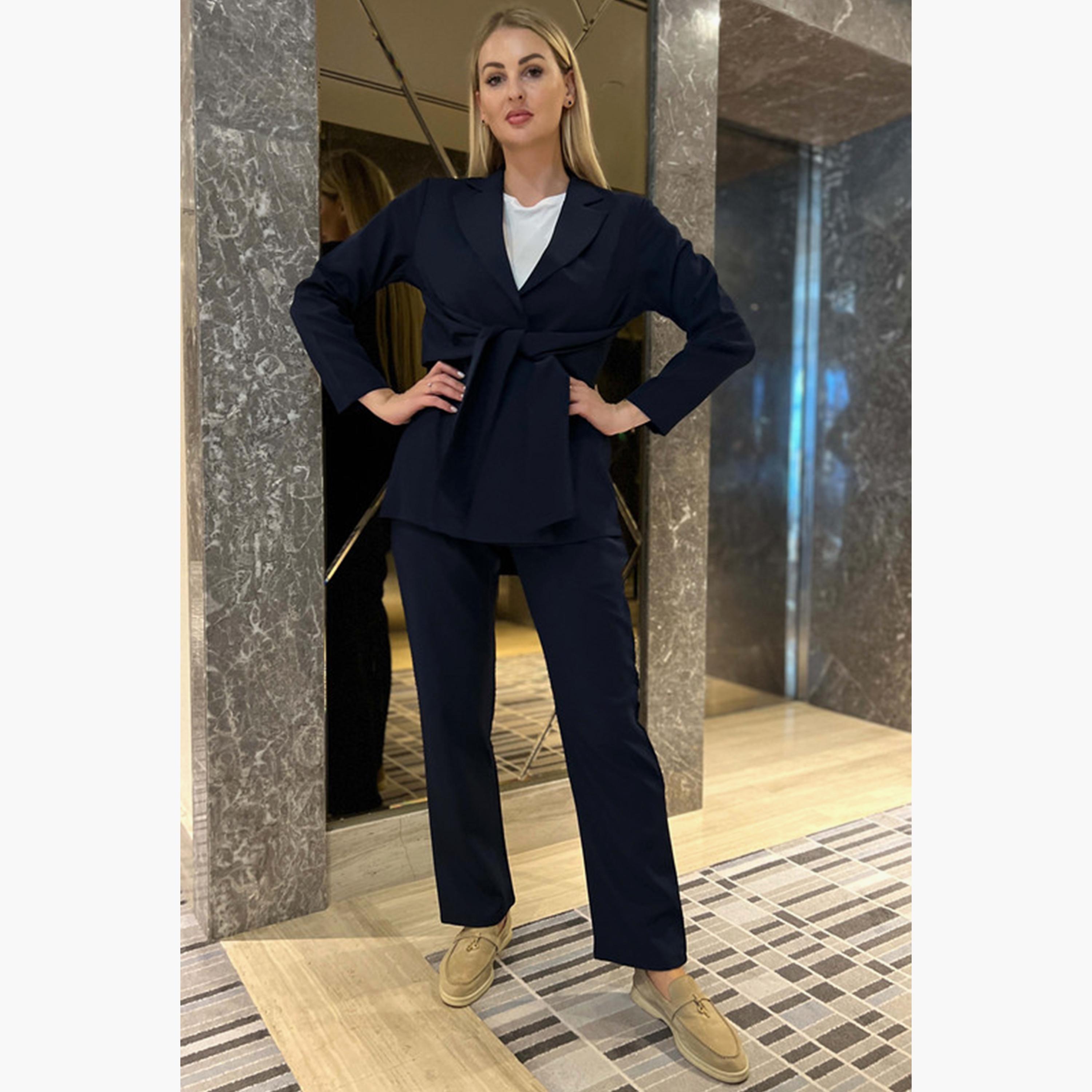 MOiSTREET 2-Piece Set Navy Barbie Crepe Notched Lapel Blazer and Pants-women-arabicclothing-abayainner-image-1