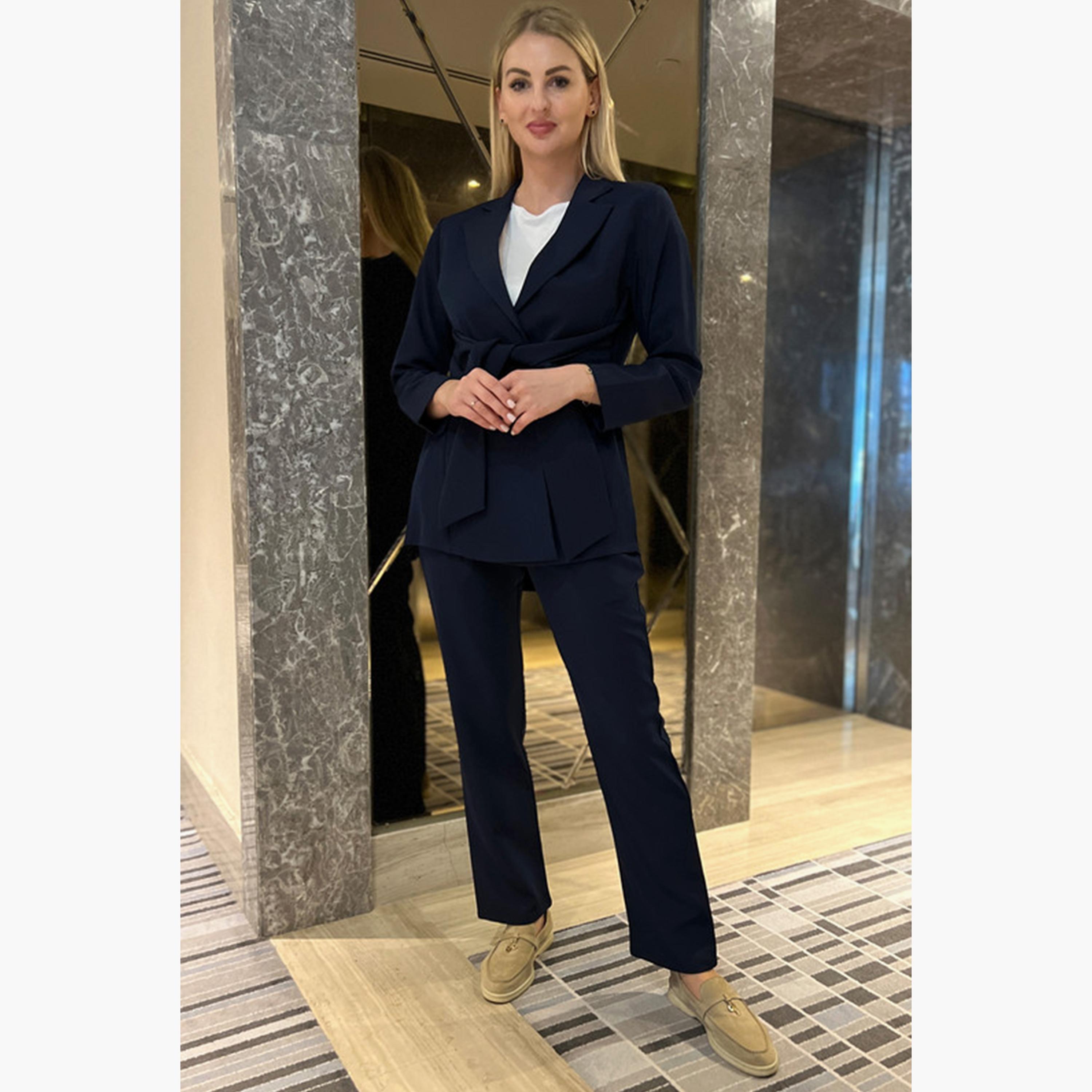 MOiSTREET 2-Piece Set Navy Barbie Crepe Notched Lapel Blazer and Pants-women-arabicclothing-abayainner-image-2