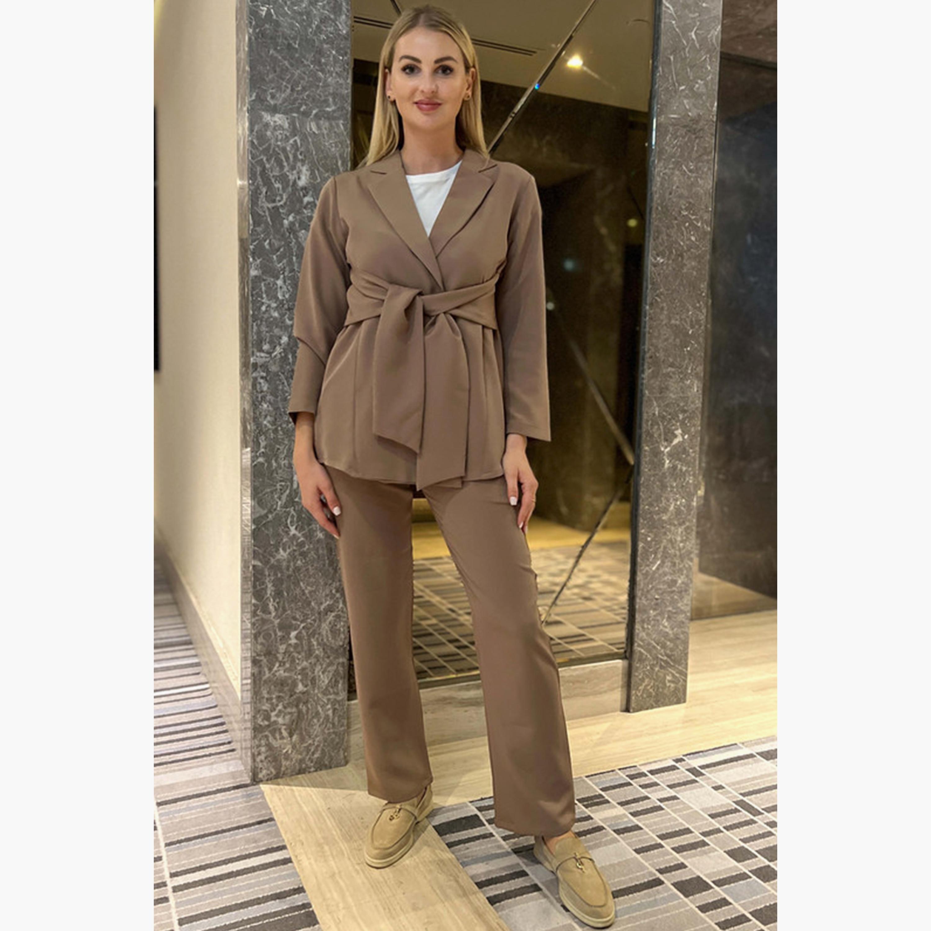 MOiSTREET 2-Piece Set Brown Barbie Crepe Notched Lapel Blazer and Pants-women-arabicclothing-abayainner-image-5