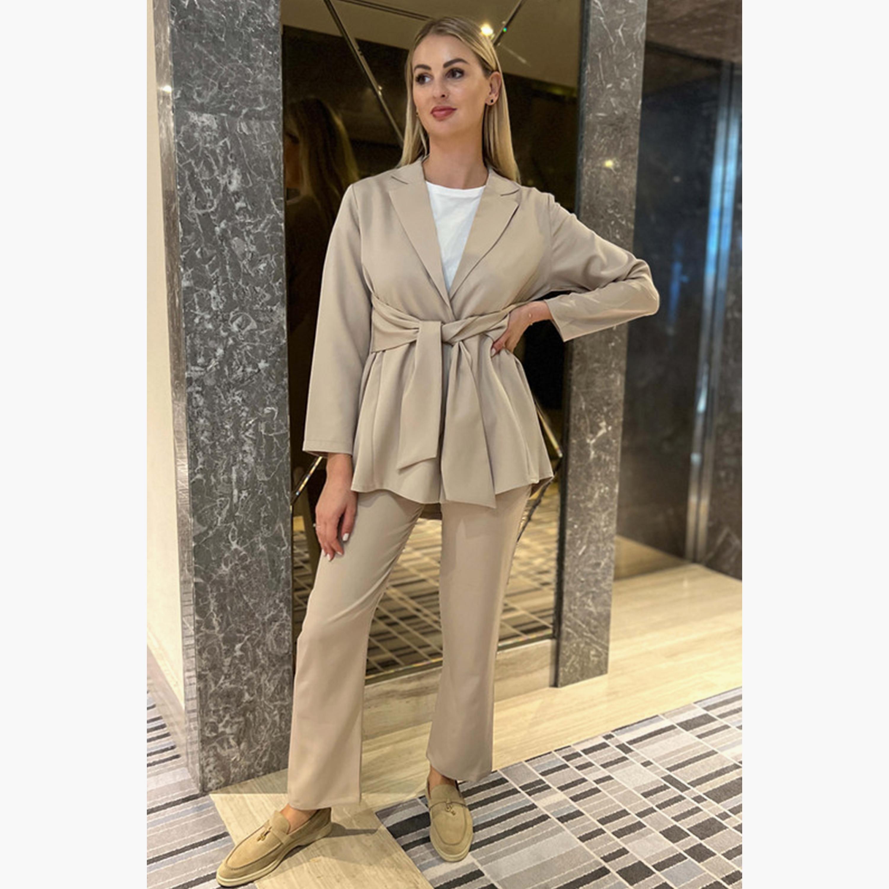 MOiSTREET 2-Piece Set Beige Barbie Crepe Notched Lapel Blazer and Pants-women-arabicclothing-abayainner-image-1