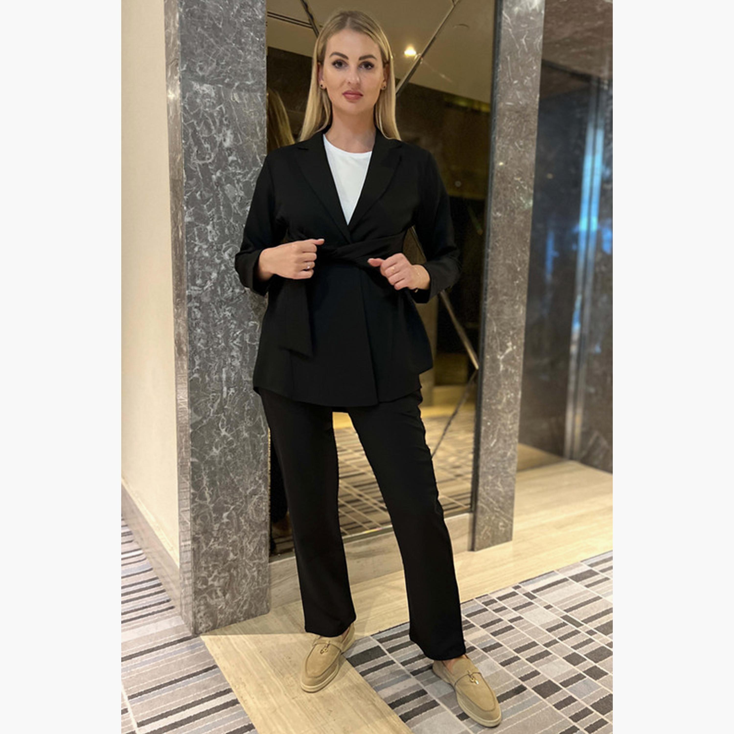 MOiSTREET 2-Piece Set Black Barbie Crepe Notched Lapel Blazer and Pants-women-arabicclothing-abayainner-image-1