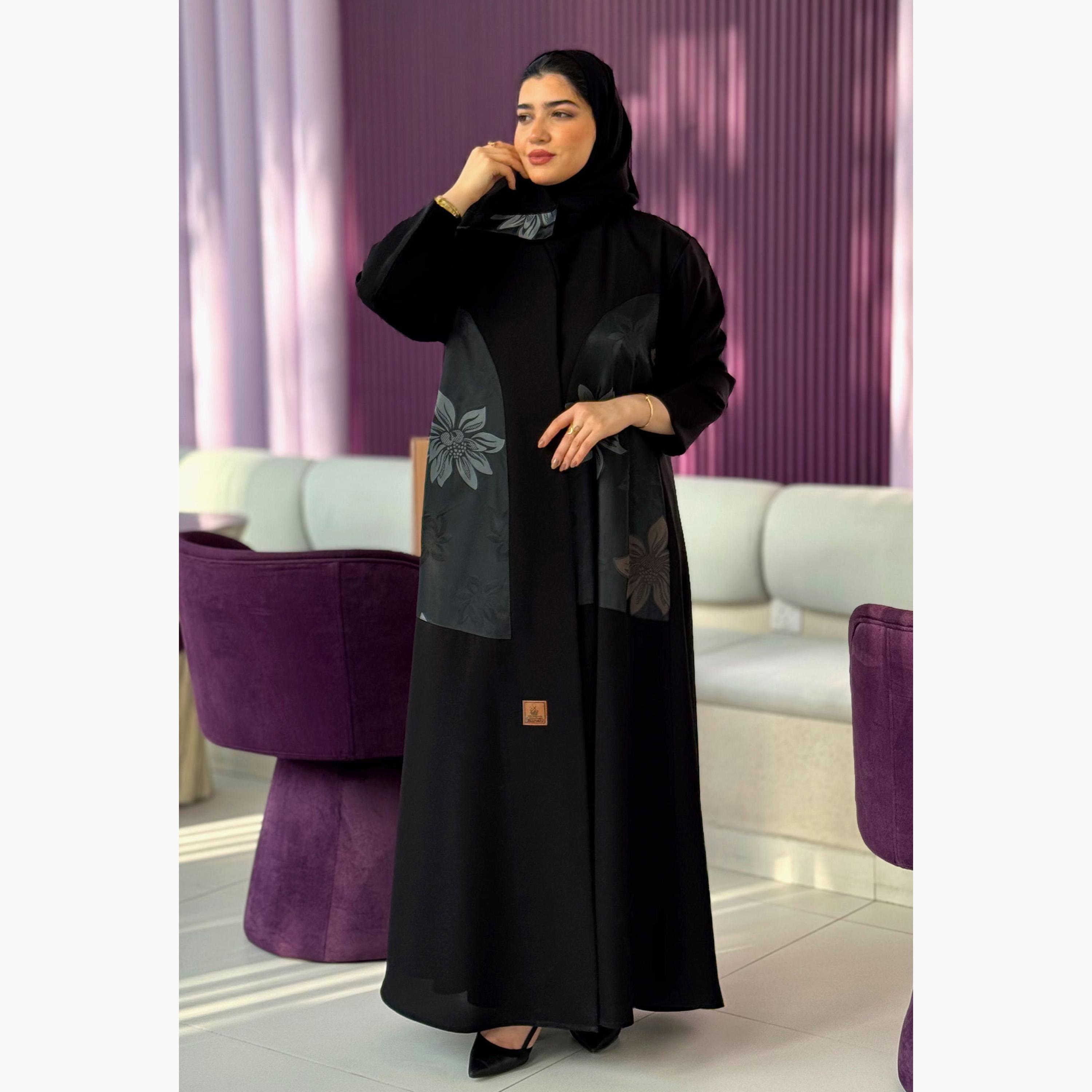 Zahiyh Black Floral Print Panelled Women's Abaya with Tarha-women-arabicclothing-abayas-image-1