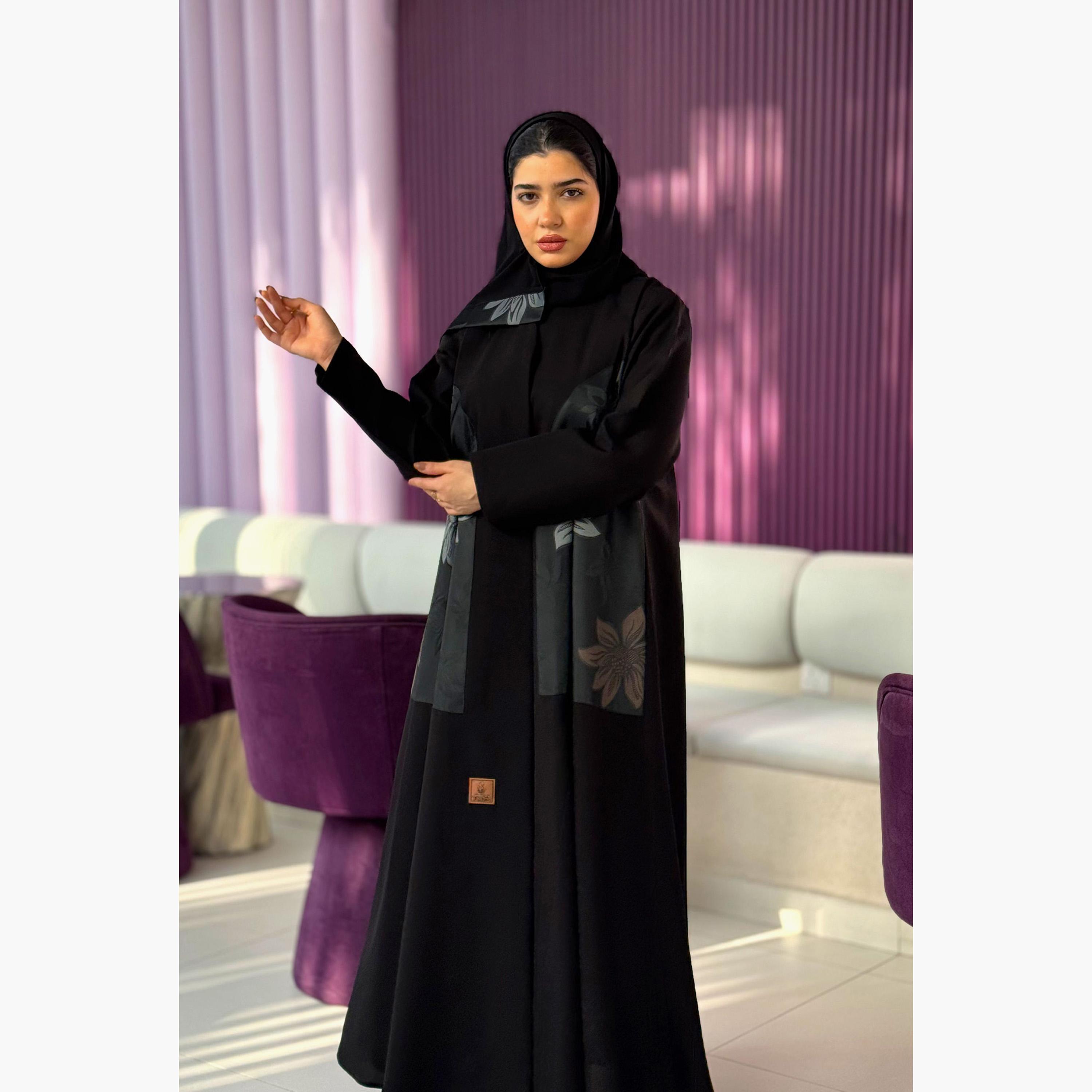 Zahiyh Black Floral Print Panelled Women's Abaya with Tarha-women-arabicclothing-abayas-image-2