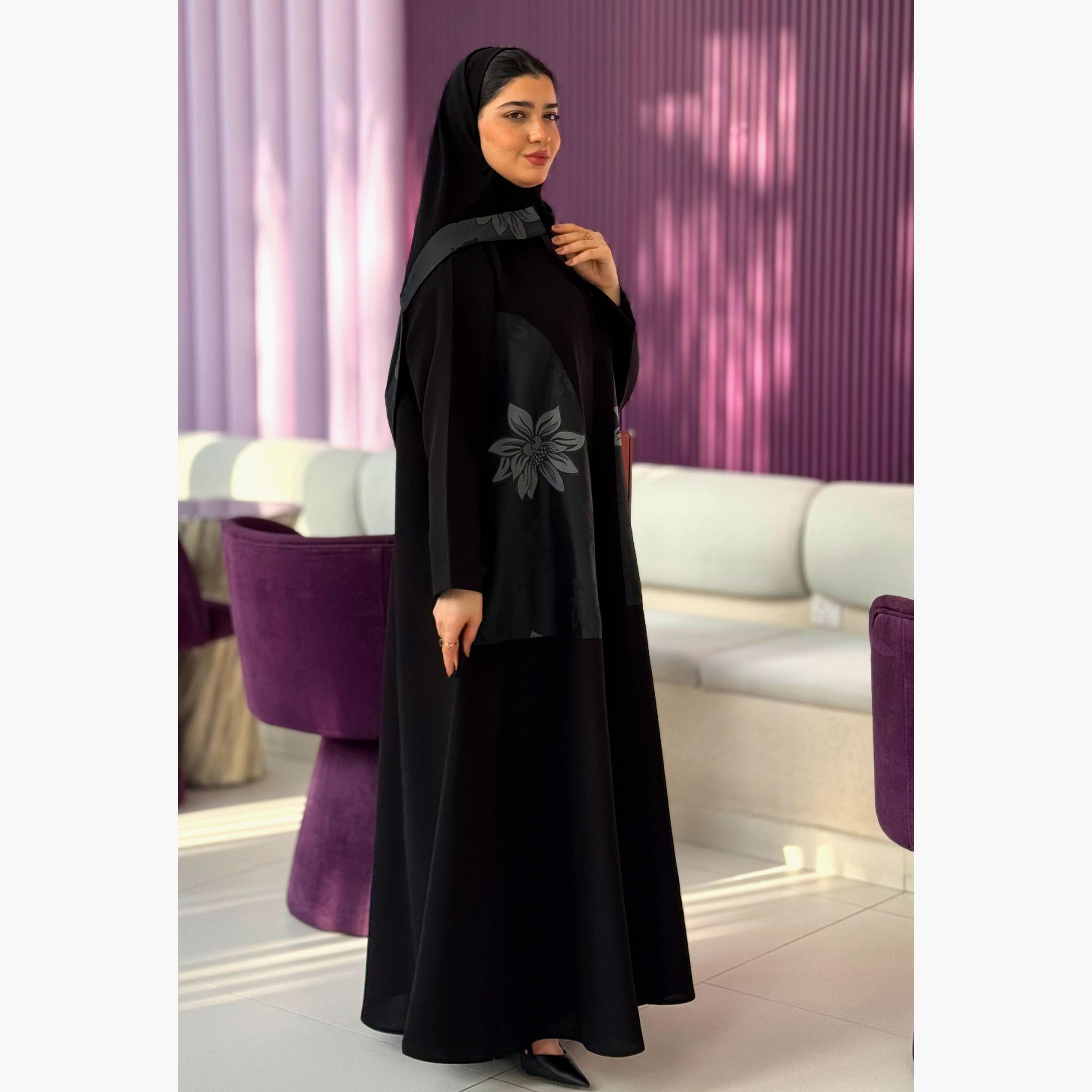 Zahiyh Black Floral Print Panelled Women's Abaya with Tarha-women-arabicclothing-abayas-image-3