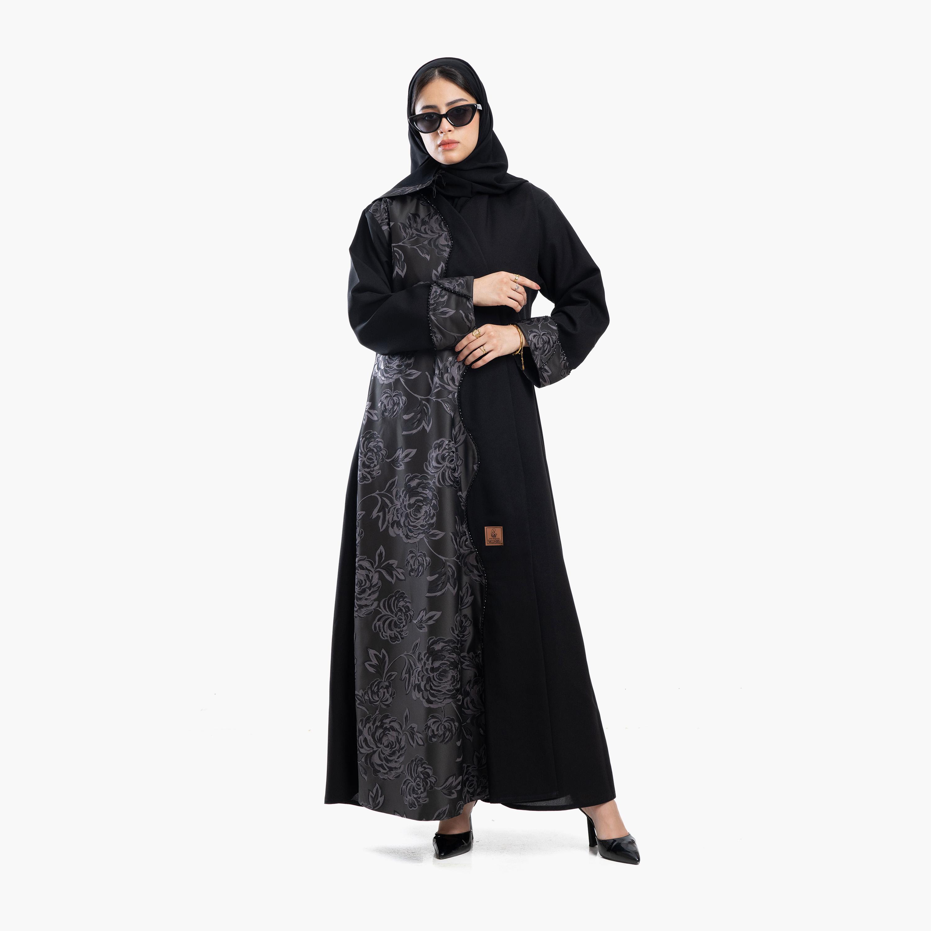 Zahiyh Black Floral Embroidered Panel Women's Abaya with Tarha-women-arabicclothing-abayas-image-1
