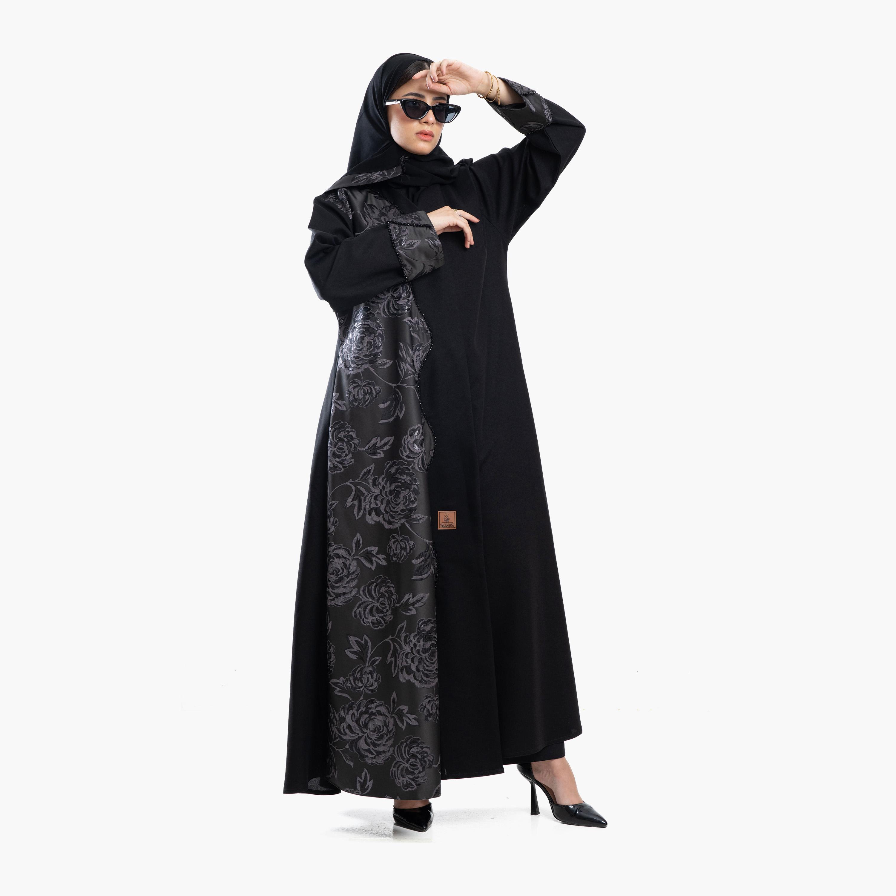 Zahiyh Black Floral Embroidered Panel Women's Abaya with Tarha-women-arabicclothing-abayas-image-2