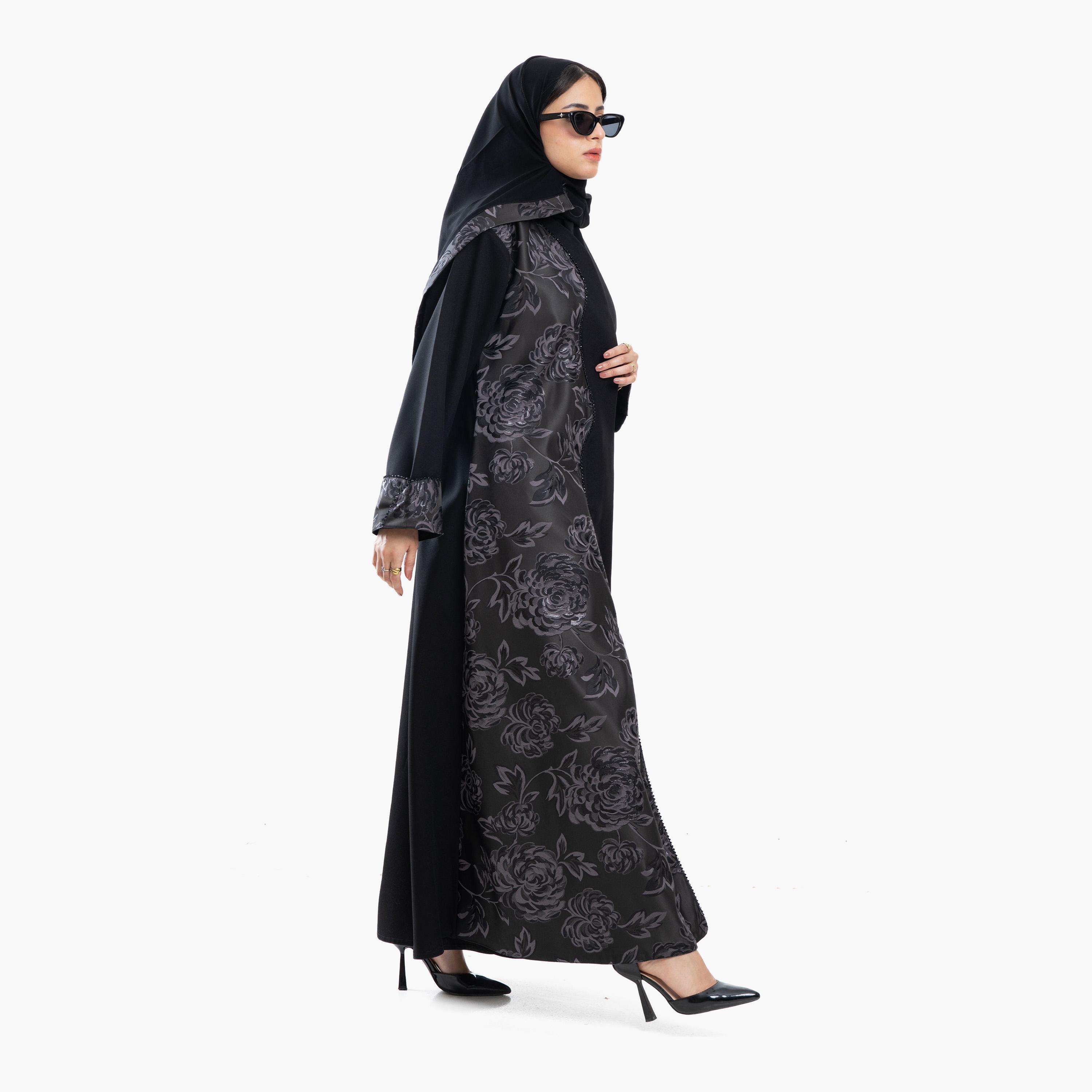 Zahiyh Black Floral Embroidered Panel Women's Abaya with Tarha-women-arabicclothing-abayas-image-3