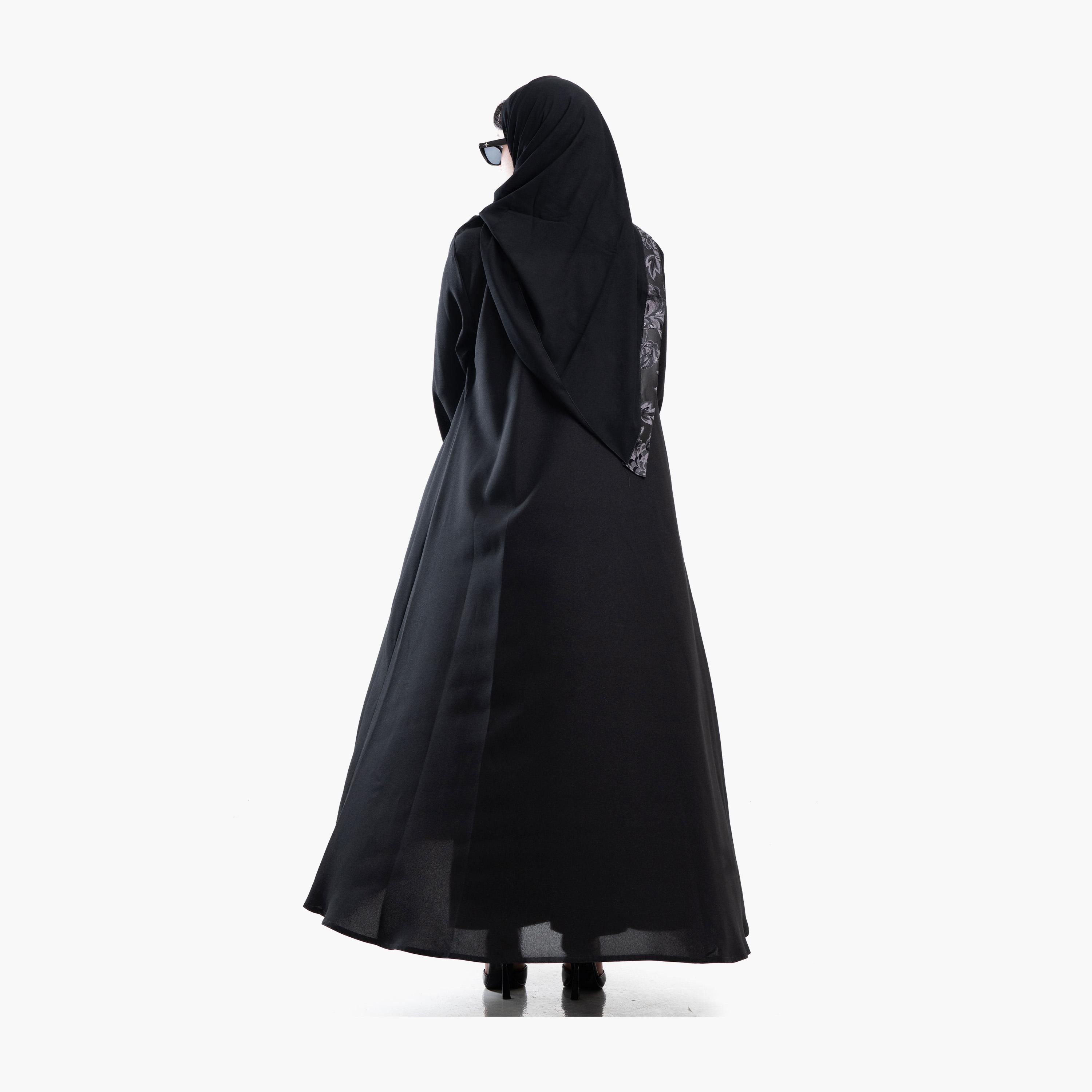 Zahiyh Black Floral Embroidered Panel Women's Abaya with Tarha-women-arabicclothing-abayas-image-4