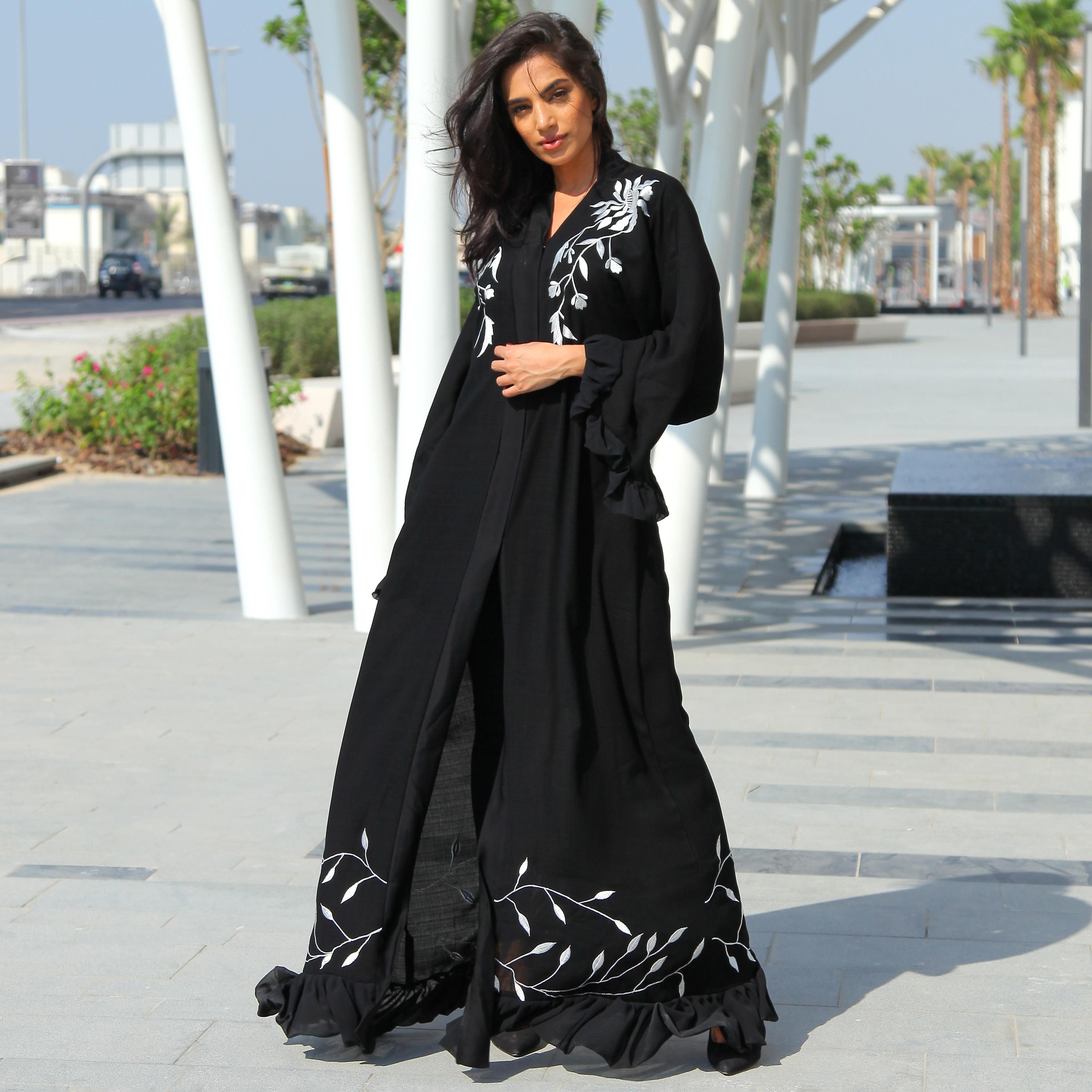 Nukhbaa Black Embroidered Open Front Neck Ruffled Sleeves Women's Abaya with Hijab-women-arabicclothing-abayas-image-1