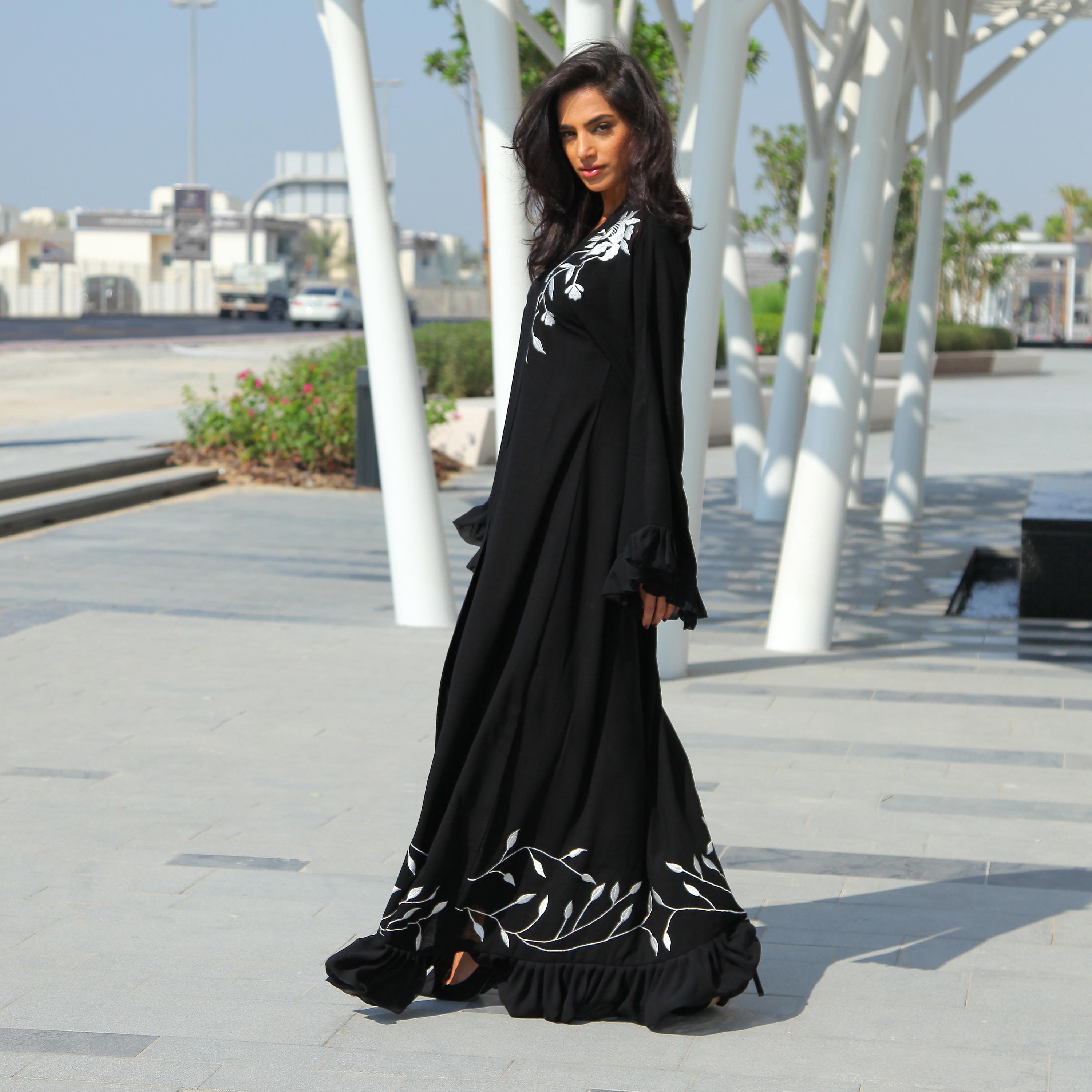 Nukhbaa Black Embroidered Open Front Neck Ruffled Sleeves Women's Abaya with Hijab-women-arabicclothing-abayas-image-2