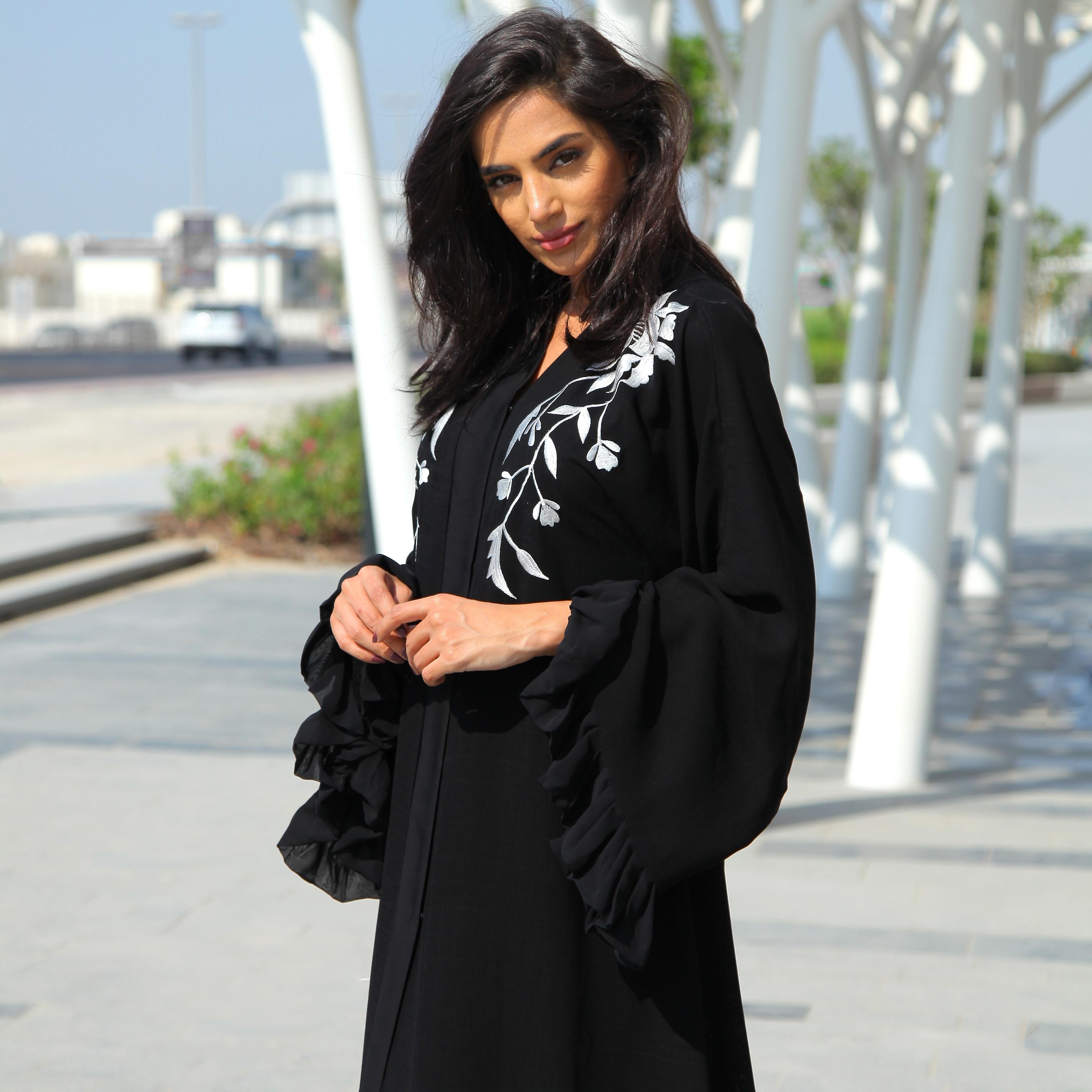 Nukhbaa Black Embroidered Open Front Neck Ruffled Sleeves Women's Abaya with Hijab-women-arabicclothing-abayas-image-3