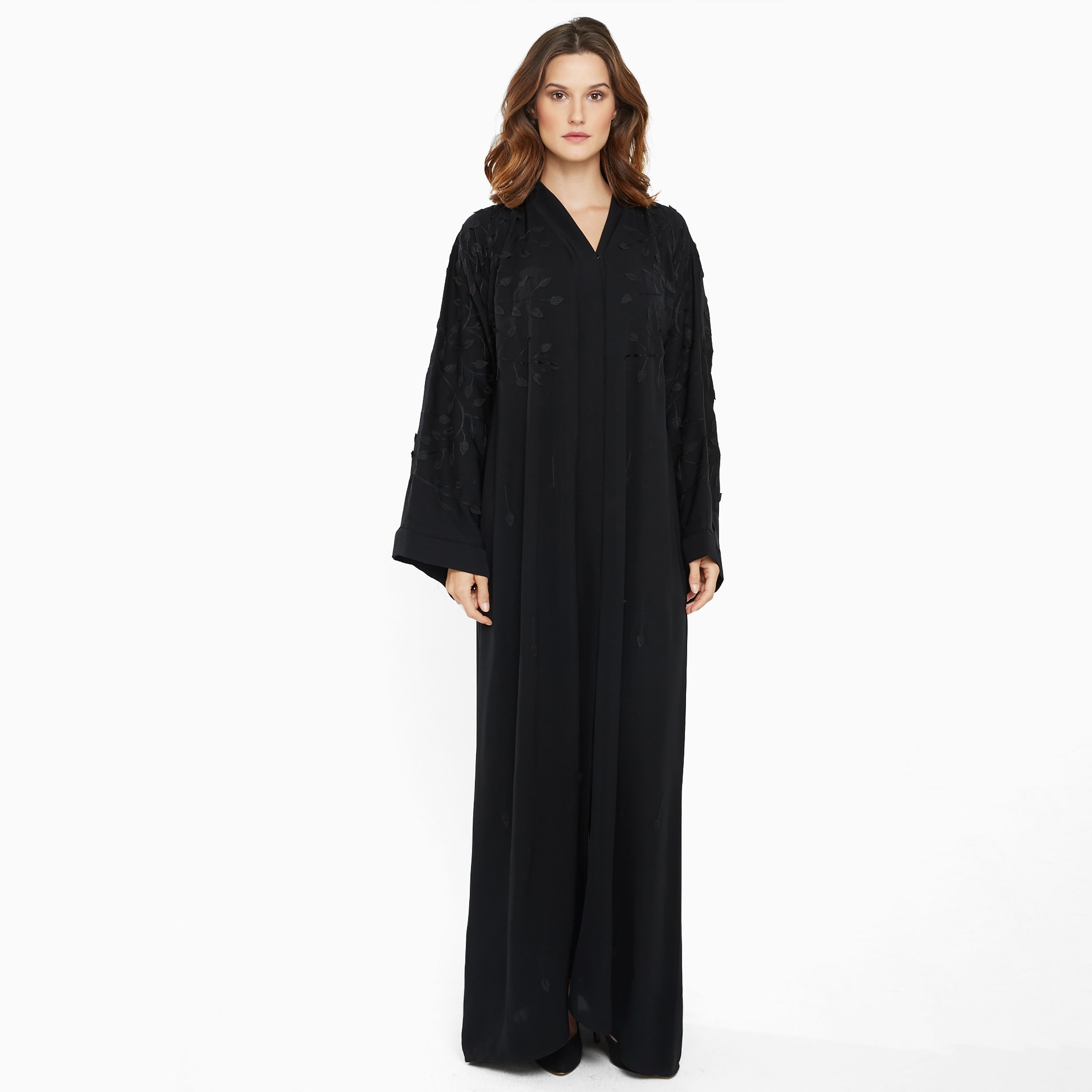 Nukhbaa Black Floral Embroidery Detailing Flared Sleeves Nida Women's Abaya with Hijab-women-arabicclothing-abayas-image-1