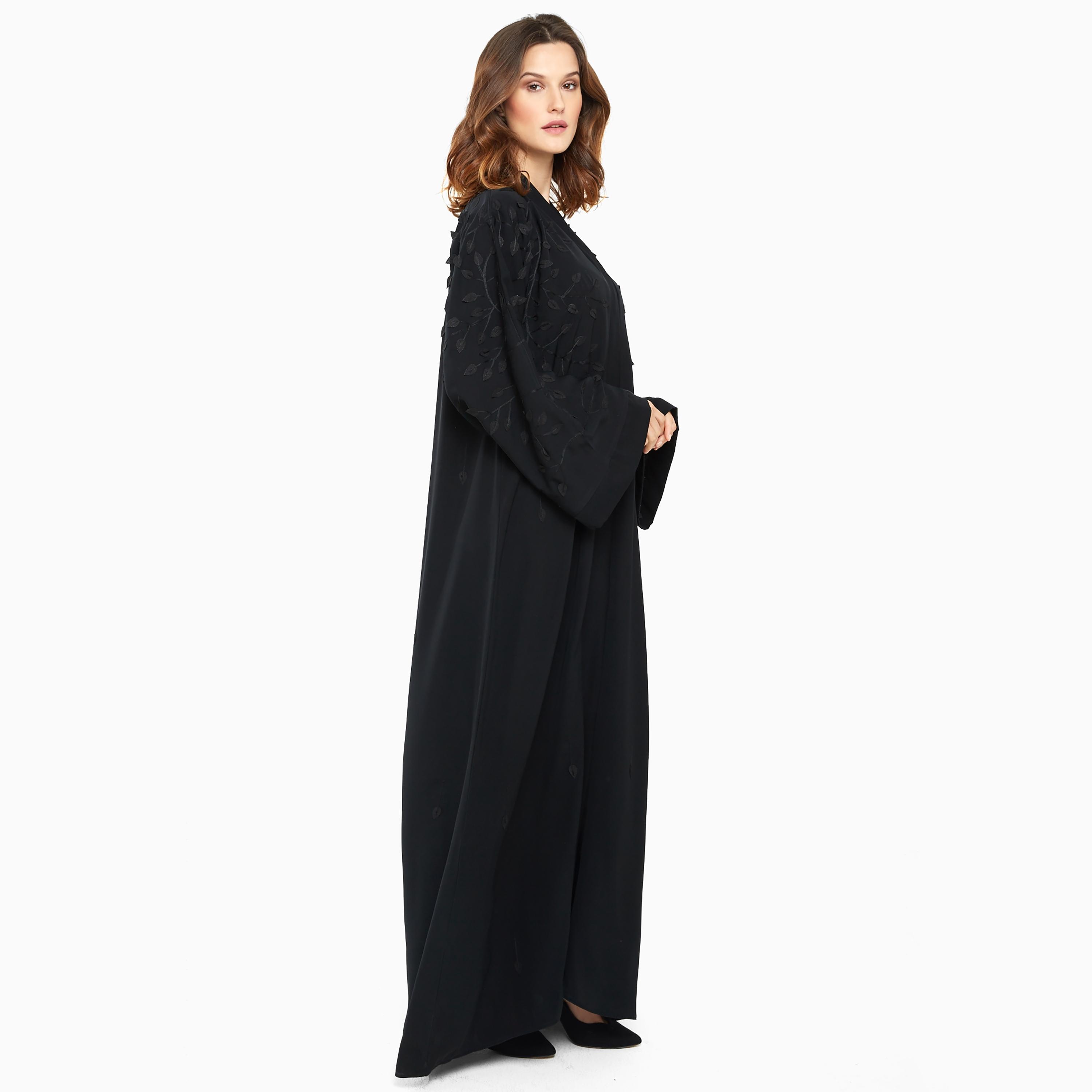 Nukhbaa Black Floral Embroidery Detailing Flared Sleeves Nida Women's Abaya with Hijab-women-arabicclothing-abayas-image-2