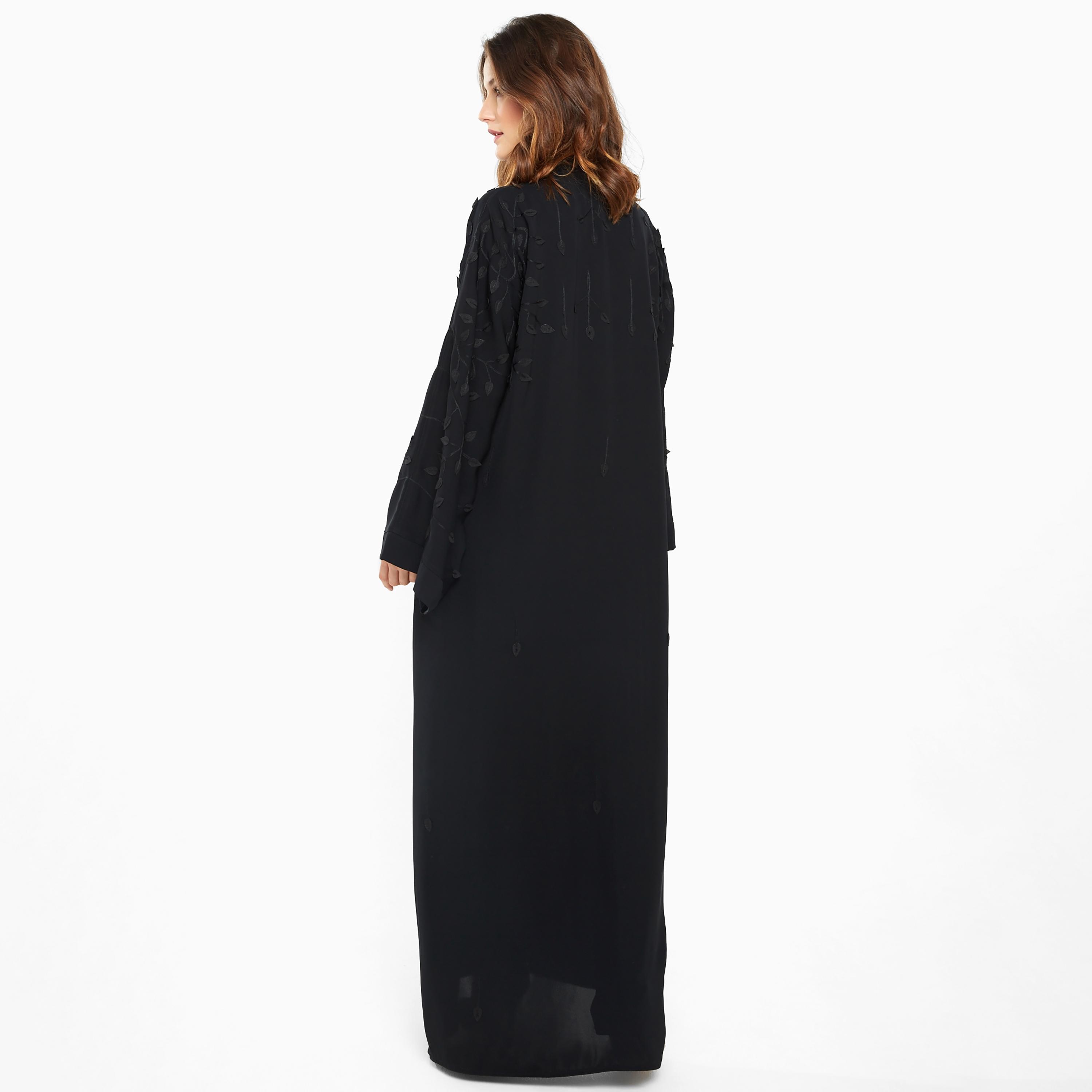 Nukhbaa Black Floral Embroidery Detailing Flared Sleeves Nida Women's Abaya with Hijab-women-arabicclothing-abayas-image-3