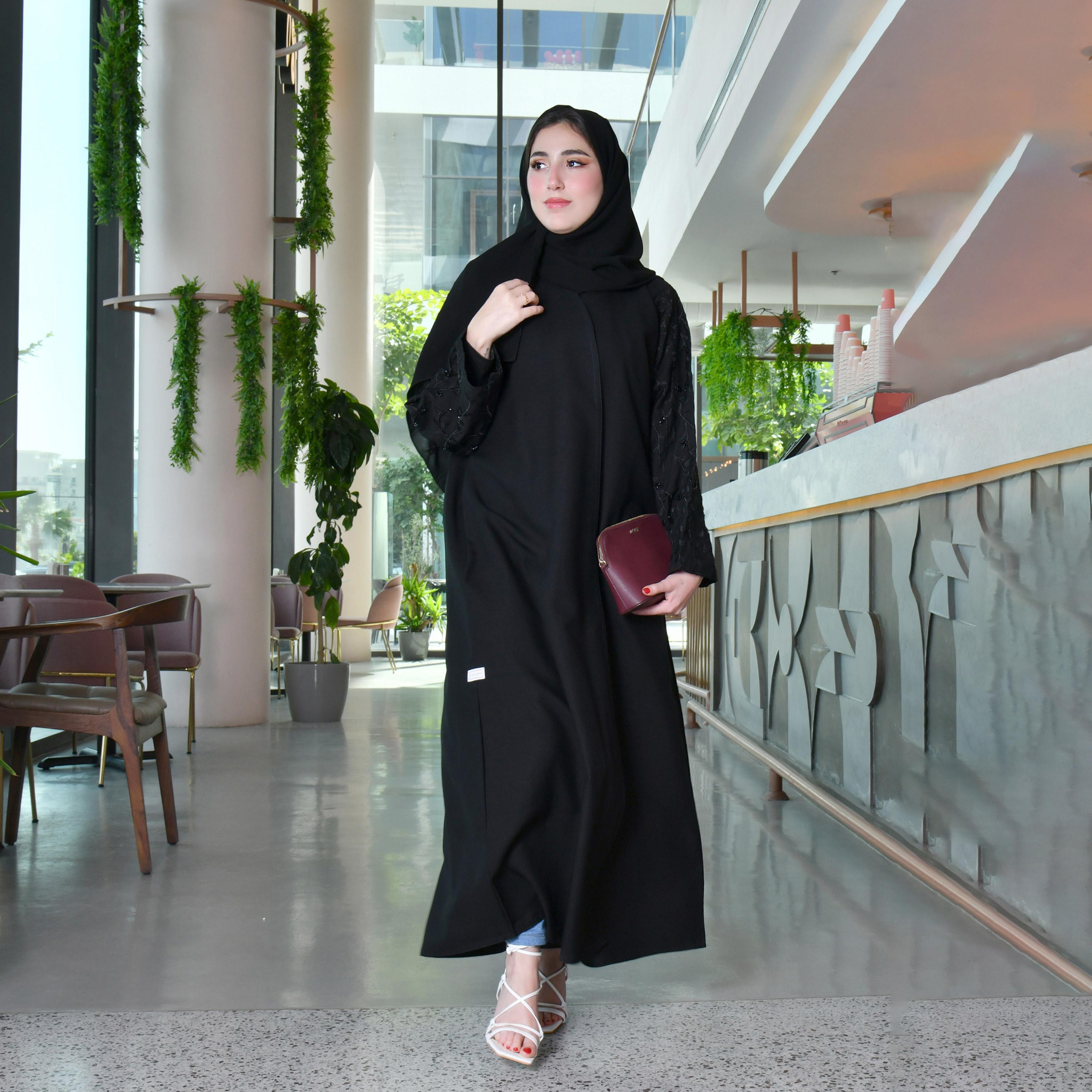 Hawraa Embroidered and Beaded Black Wrap Abaya with Hijab-women-arabicclothing-abayas-image-1