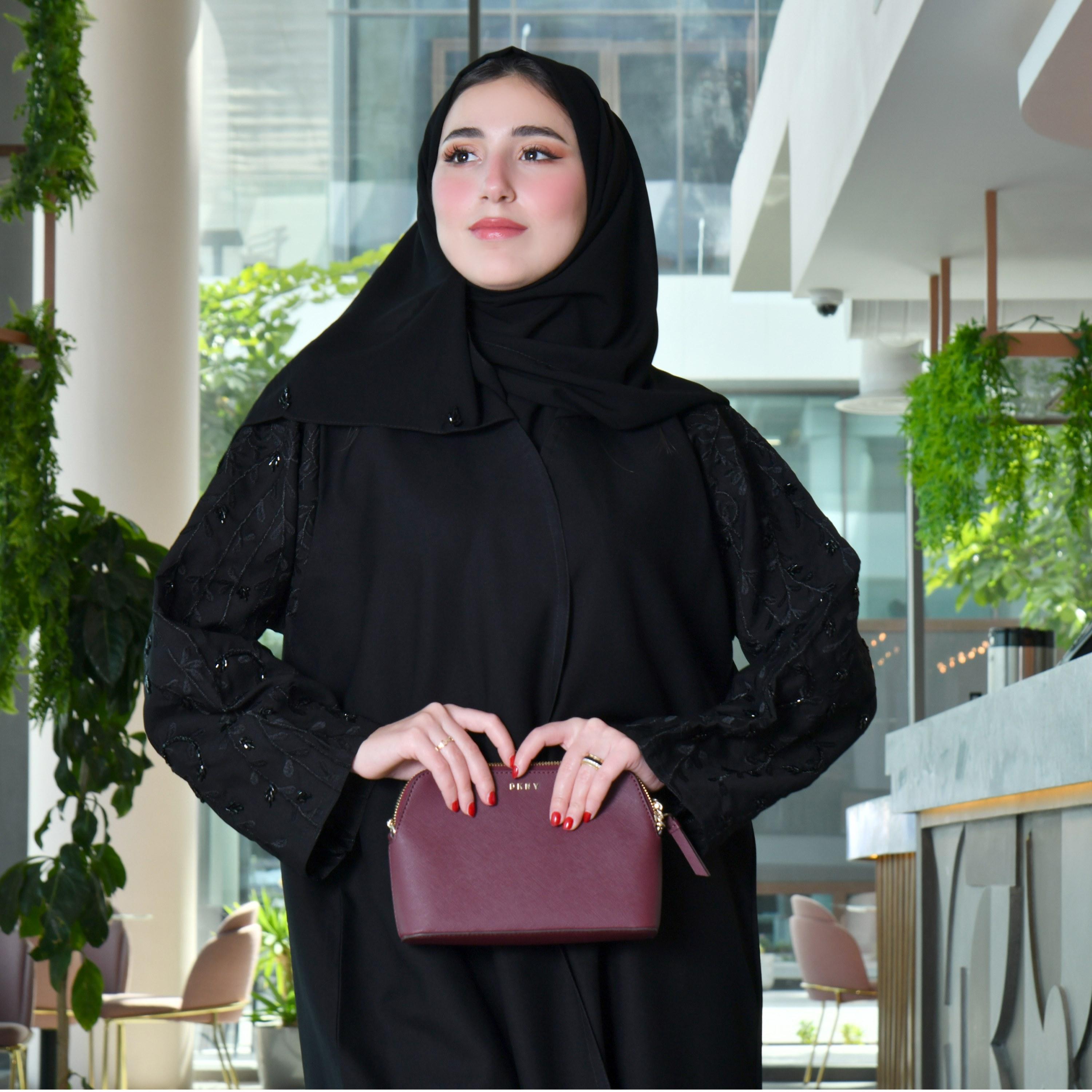 Hawraa Embroidered and Beaded Black Wrap Abaya with Hijab-women-arabicclothing-abayas-image-2