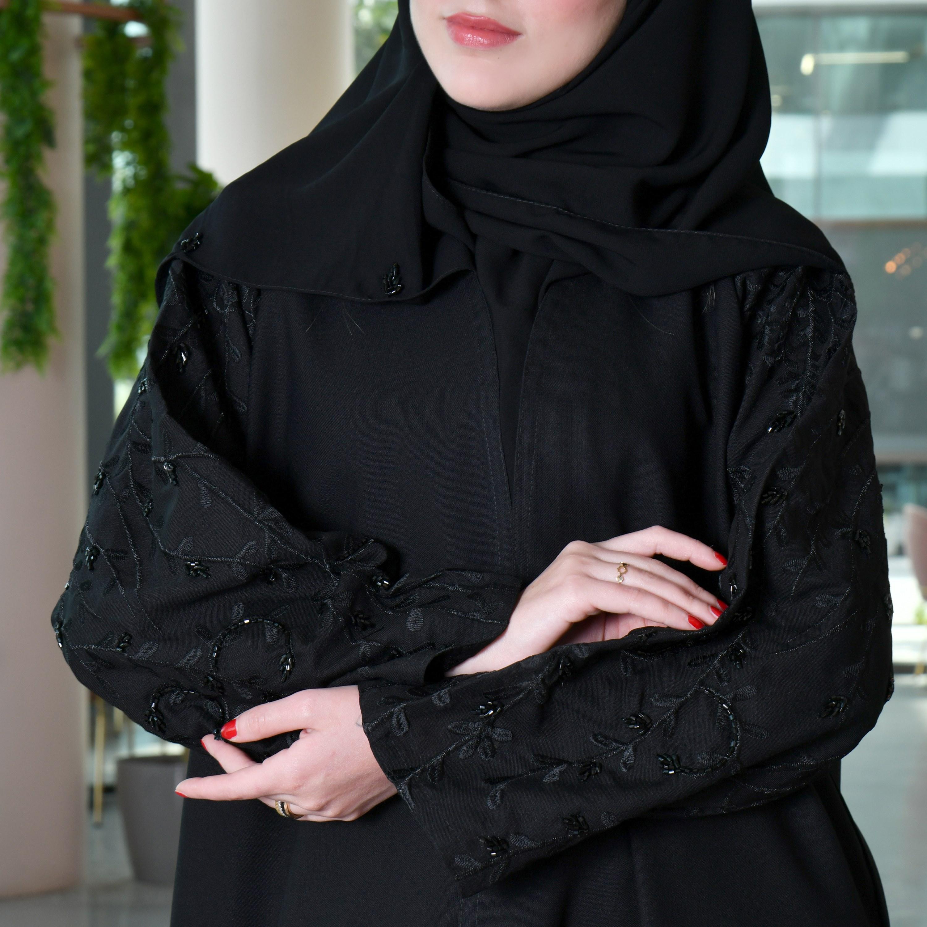 Hawraa Embroidered and Beaded Black Wrap Abaya with Hijab-women-arabicclothing-abayas-image-3