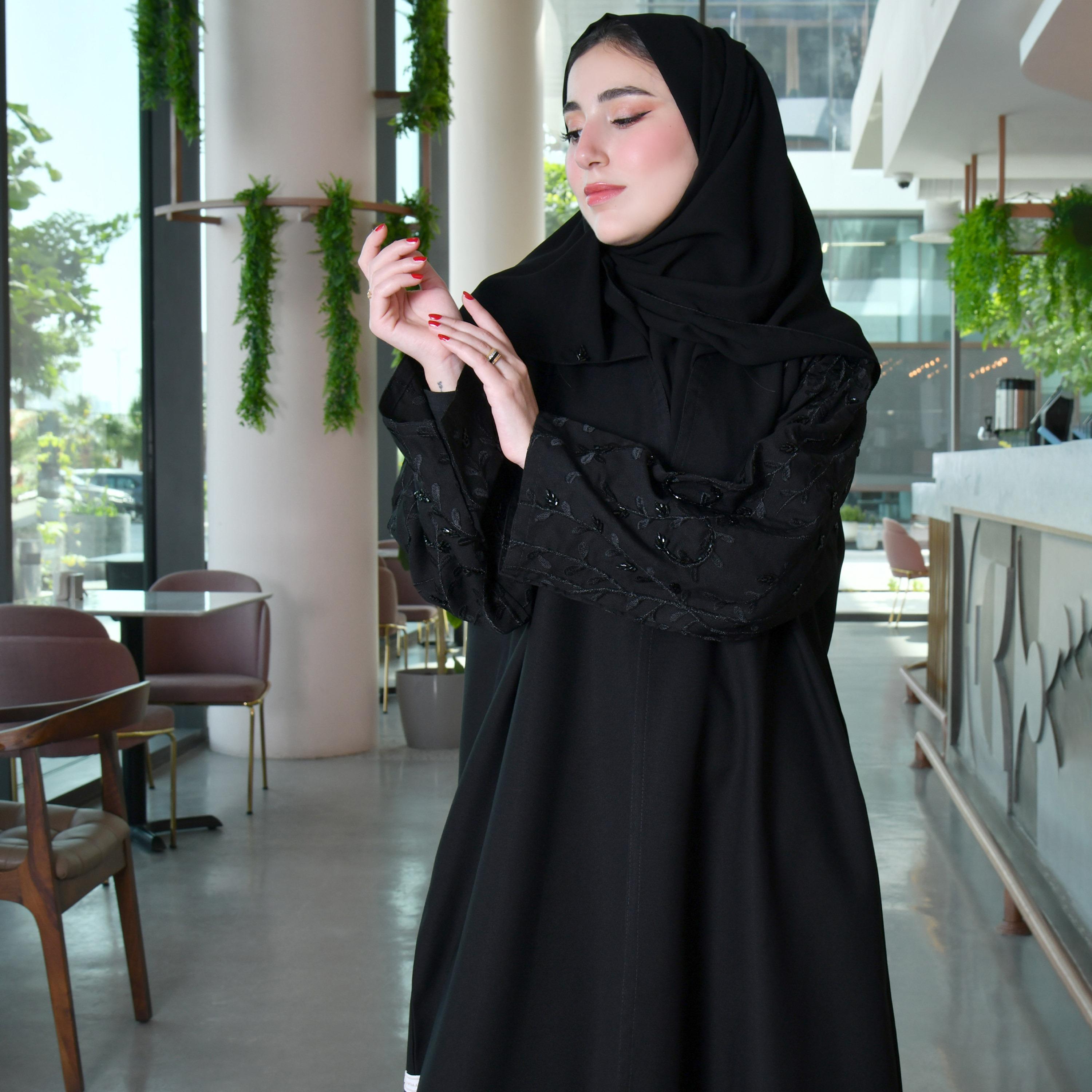 Hawraa Embroidered and Beaded Black Wrap Abaya with Hijab-women-arabicclothing-abayas-image-4