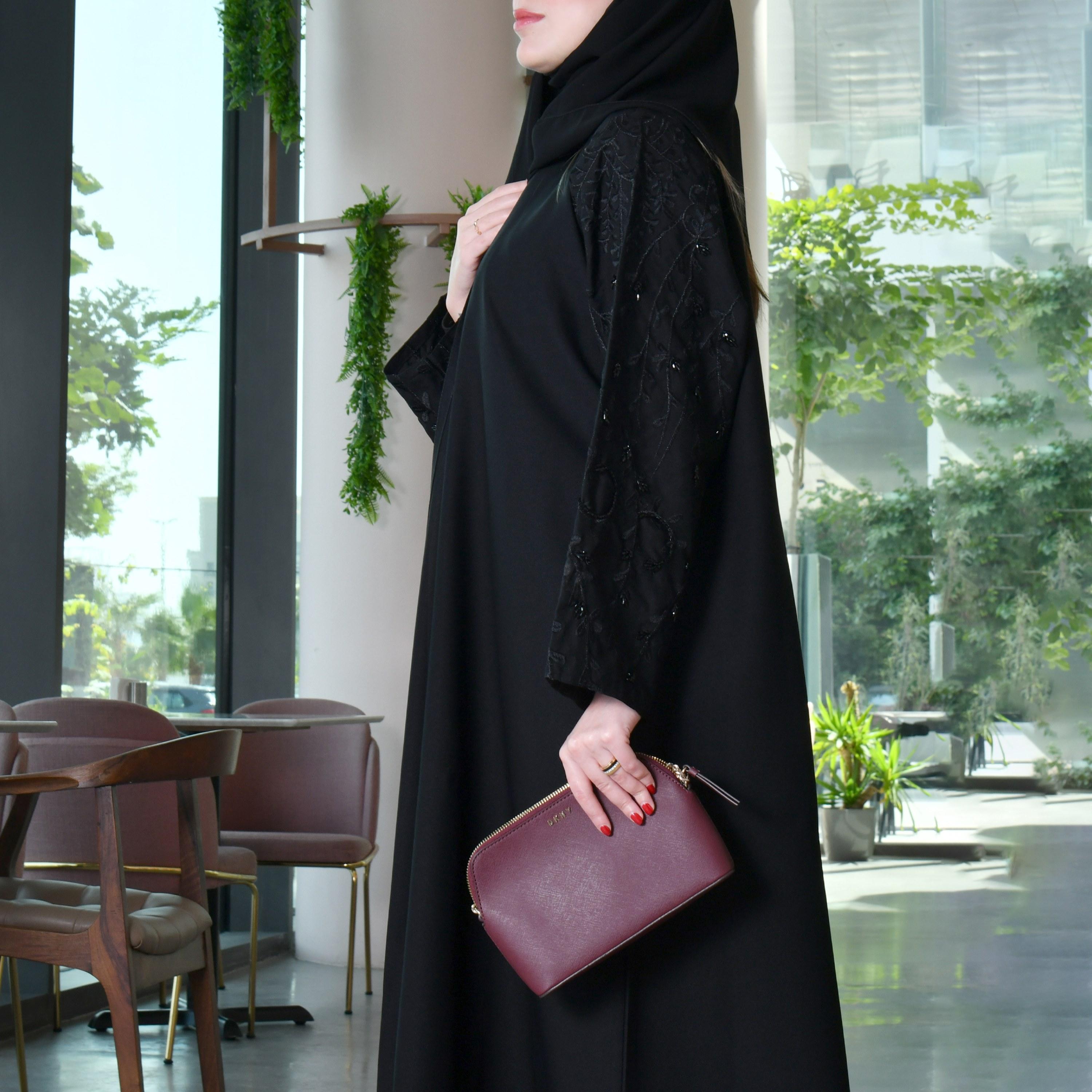Hawraa Embroidered and Beaded Black Wrap Abaya with Hijab-women-arabicclothing-abayas-image-5