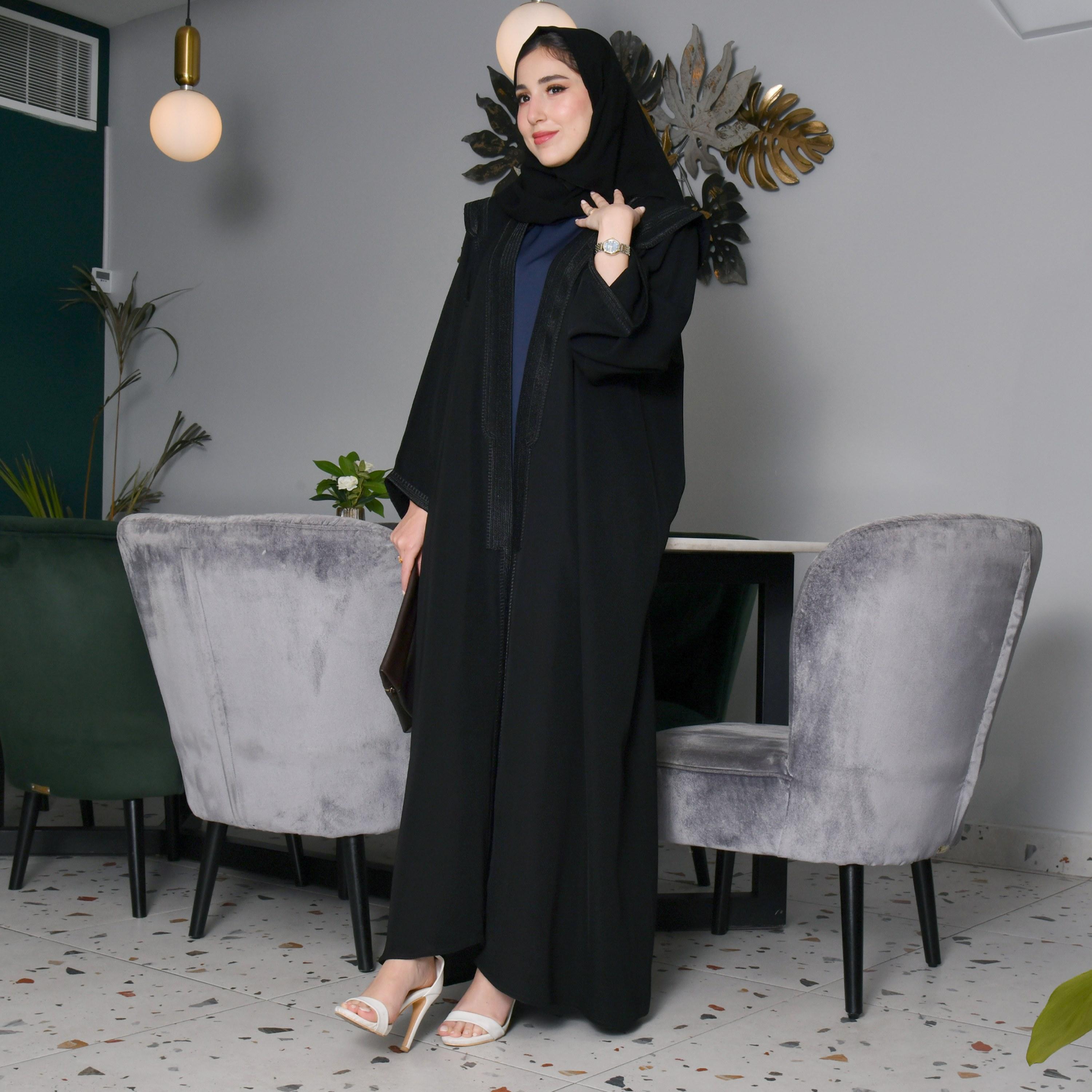Hawraa Embroidered Yoke Black Bisht Abaya with Hijab-women-arabicclothing-abayas-image-1
