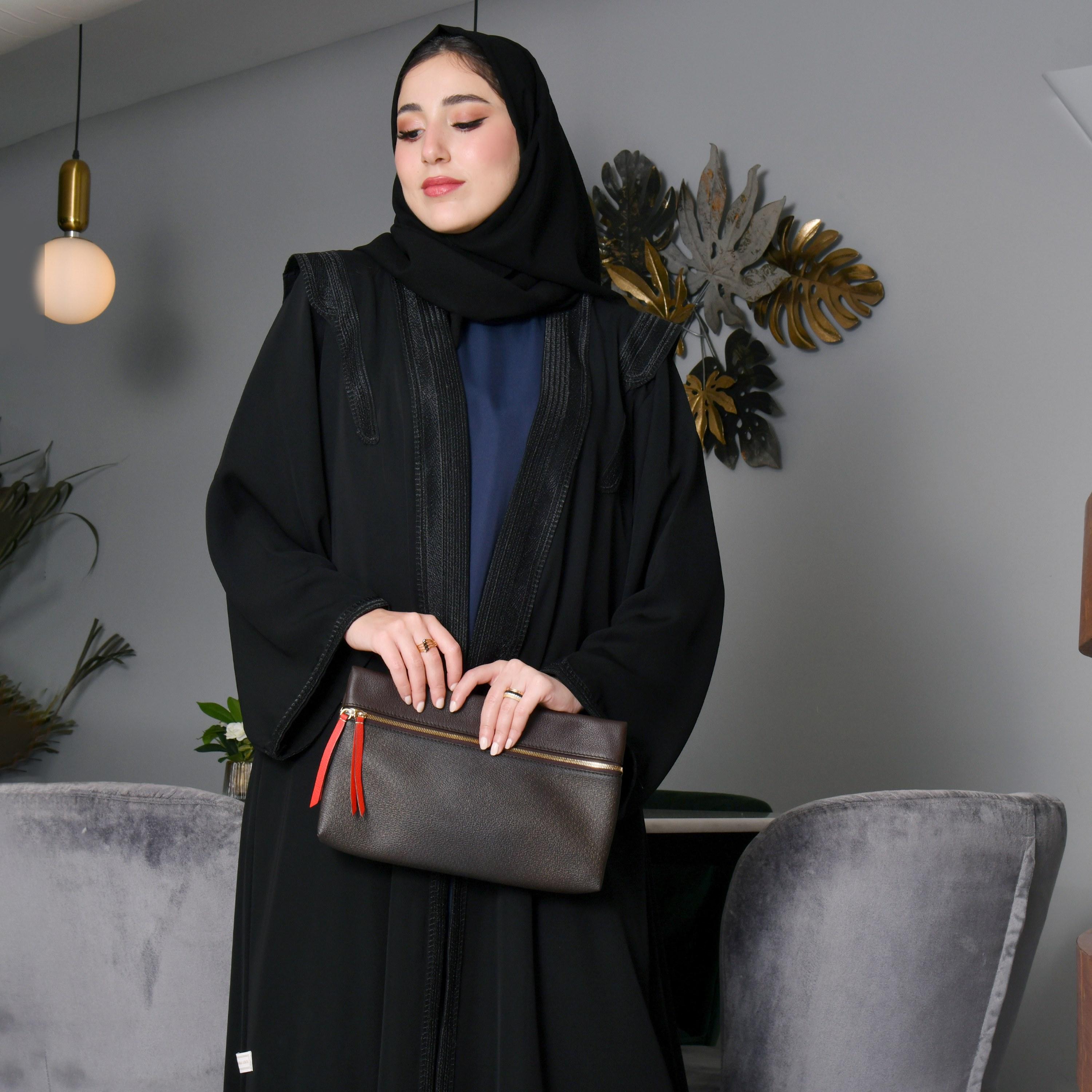 Hawraa Embroidered Yoke Black Bisht Abaya with Hijab-women-arabicclothing-abayas-image-2