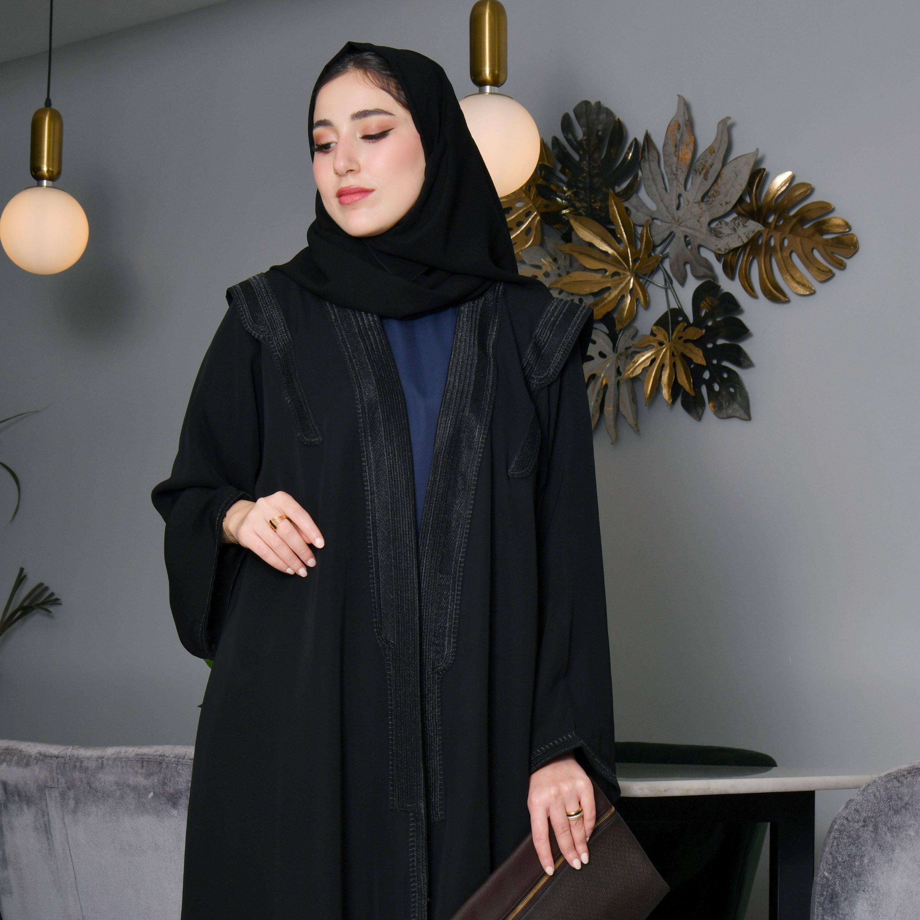 Hawraa Embroidered Yoke Black Bisht Abaya with Hijab-women-arabicclothing-abayas-image-3