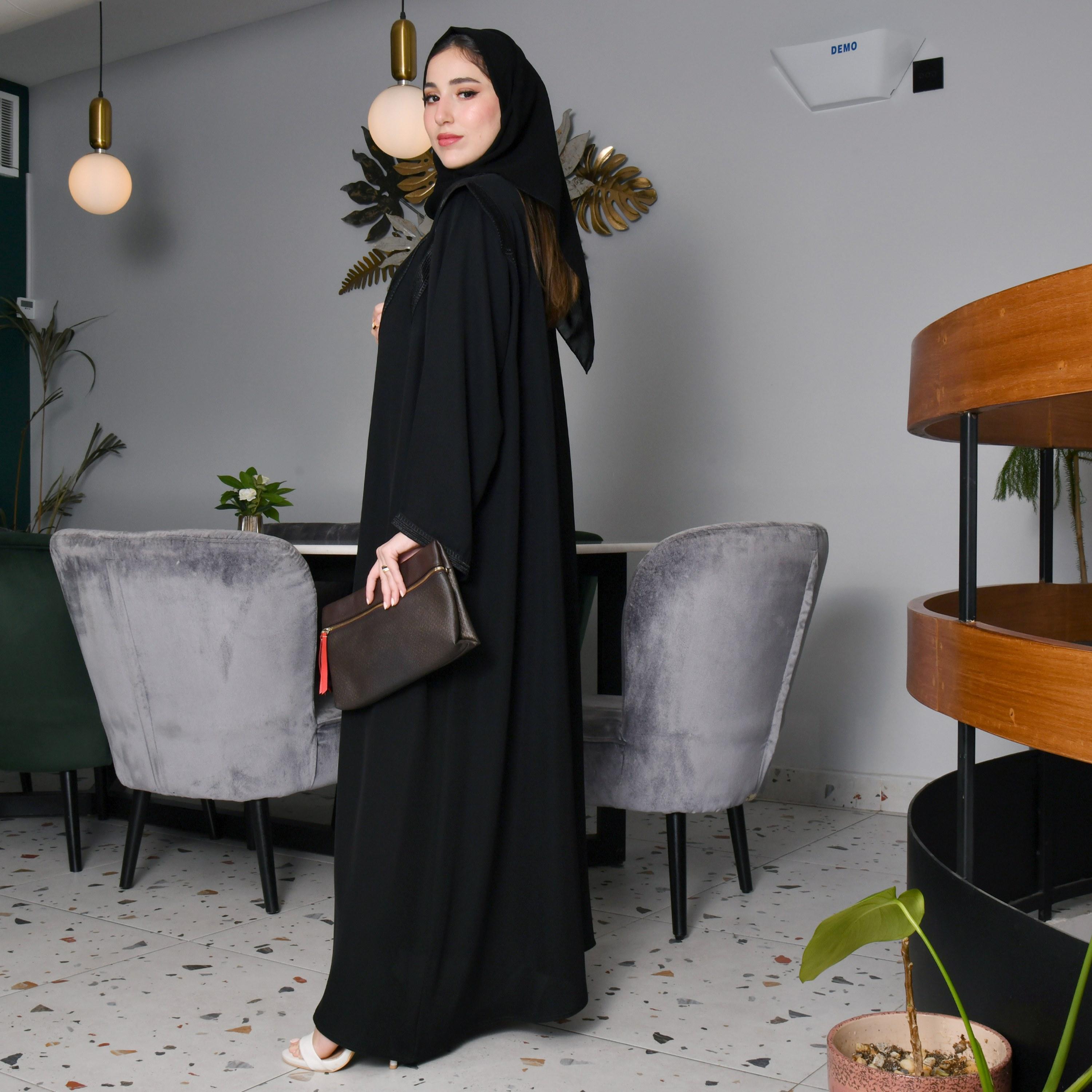 Hawraa Embroidered Yoke Black Bisht Abaya with Hijab-women-arabicclothing-abayas-image-4