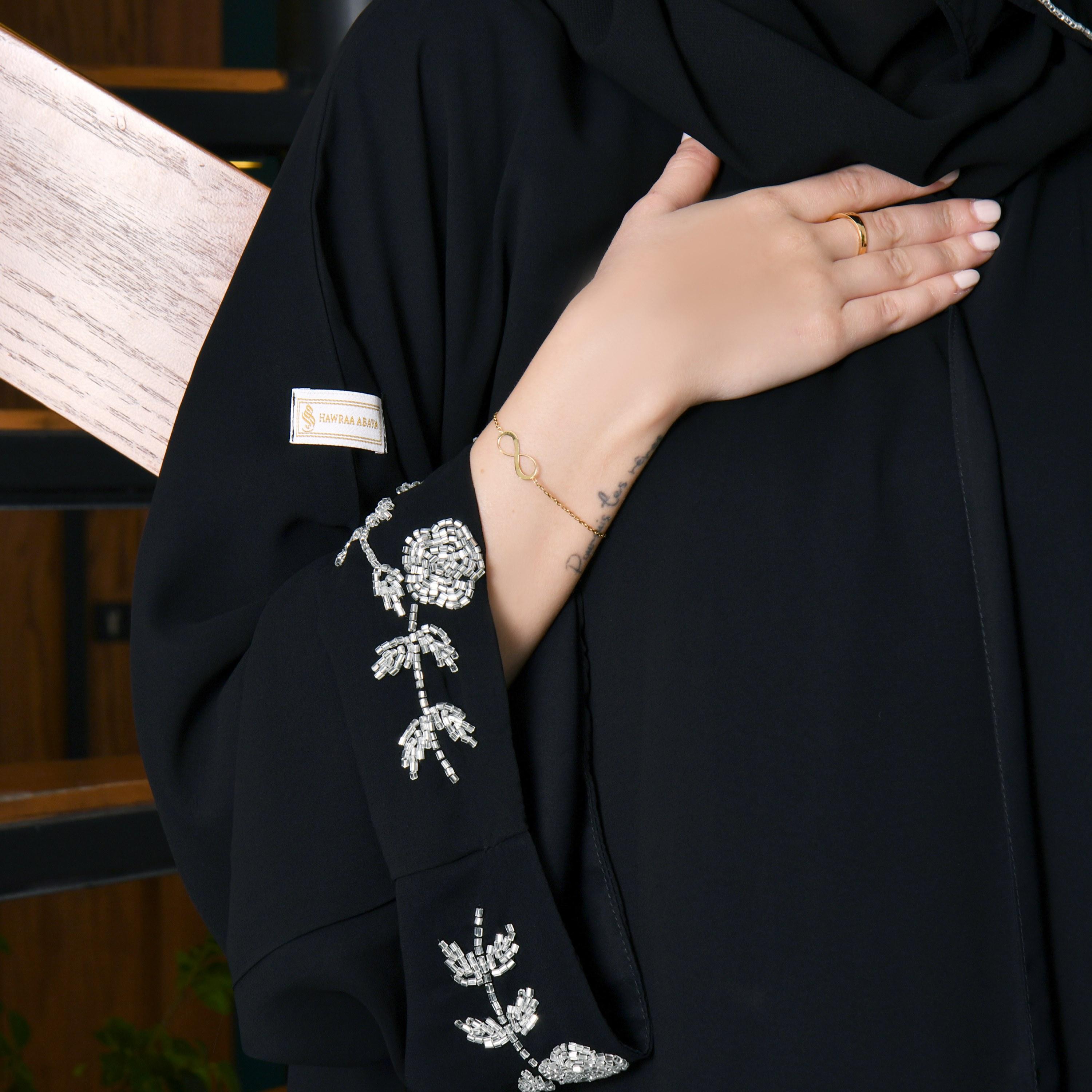 Hawraa Beaded Flared Sleeves Black Cloche Abaya with Hijab-women-arabicclothing-abayas-image-3