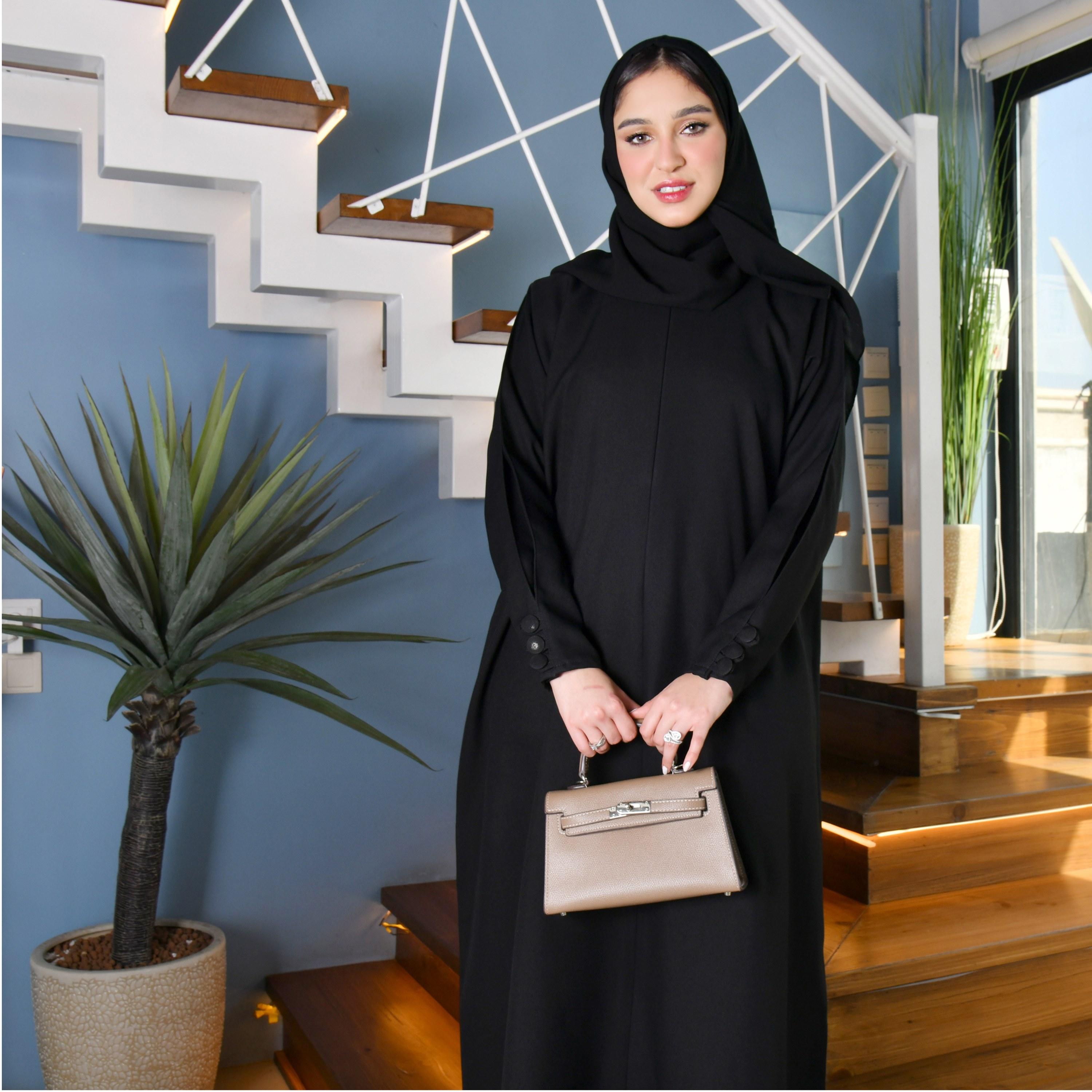Hawraa Plain Buttoned Sleeves Zippered Black Abaya with Hijab-women-arabicclothing-abayas-image-1
