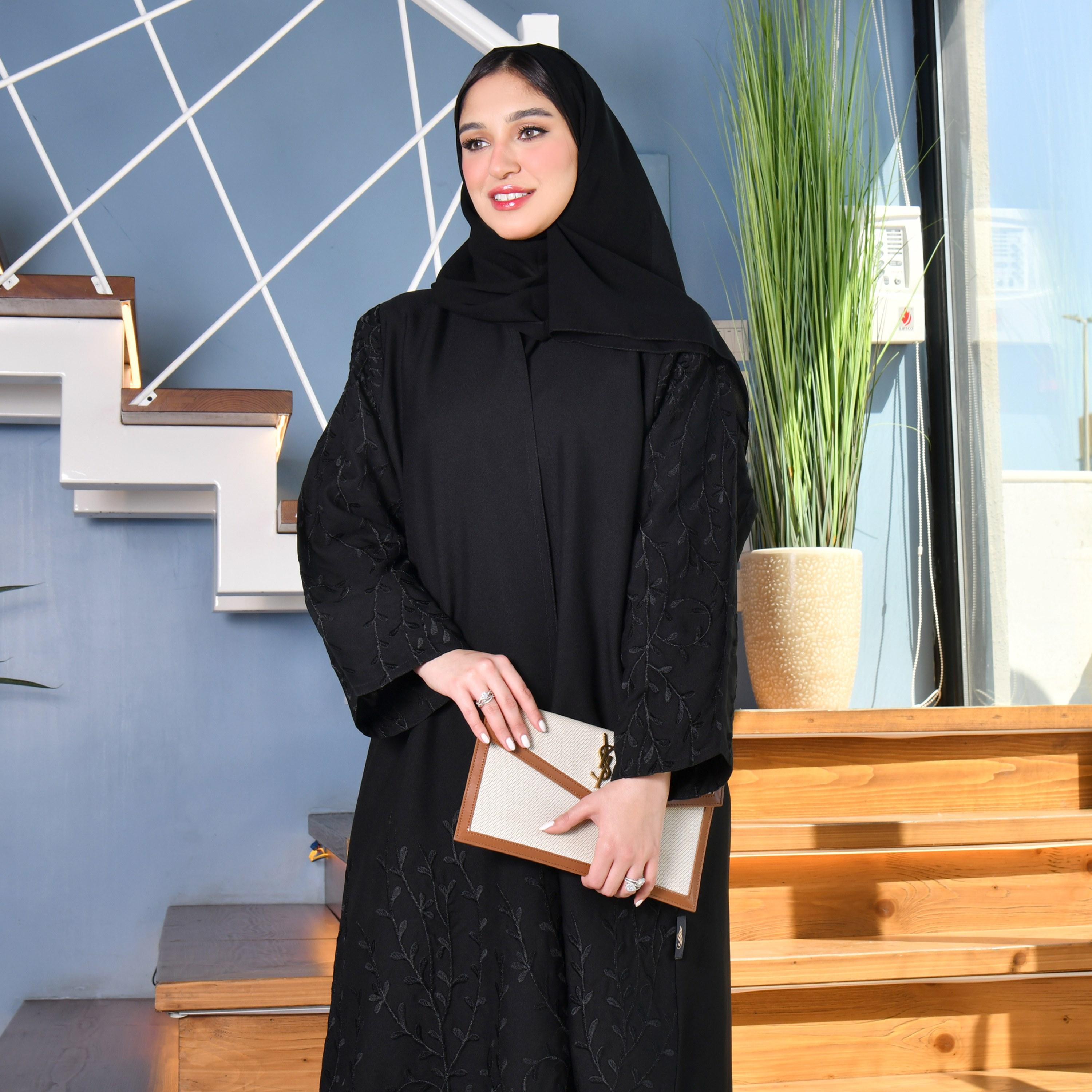Hawraa Tree Embroidered Black Open Abaya with Hijab-women-arabicclothing-abayas-image-2